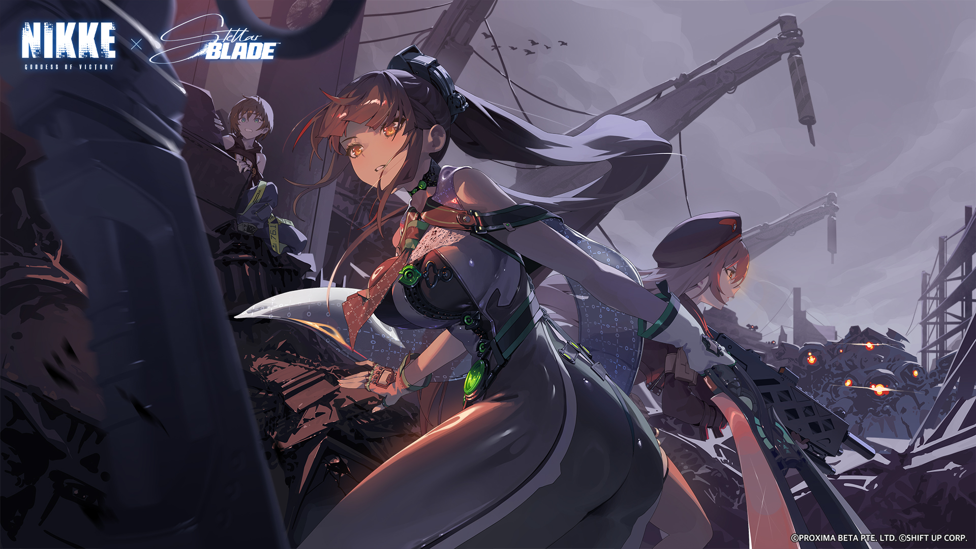 bodysuit crossover eve_(stellar_blade) goddess_of_victory:_nikke gun lily_artemis_ii rapi_(nikke) stellar_blade tagme uniform wallpaper