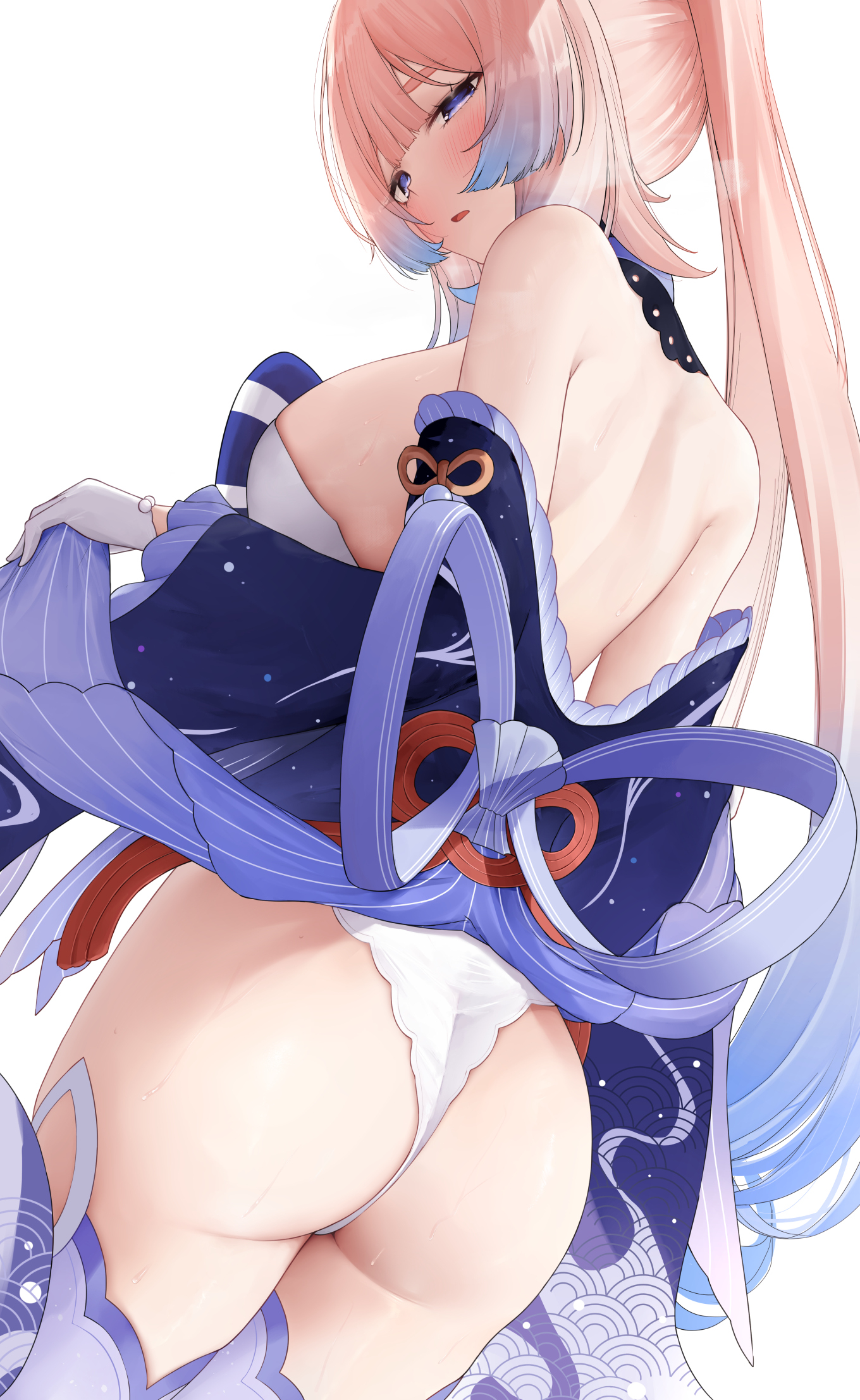 ass genshin_impact n9at no_bra pantsu sangonomiya_kokomi skirt_lift thighhighs thong wet