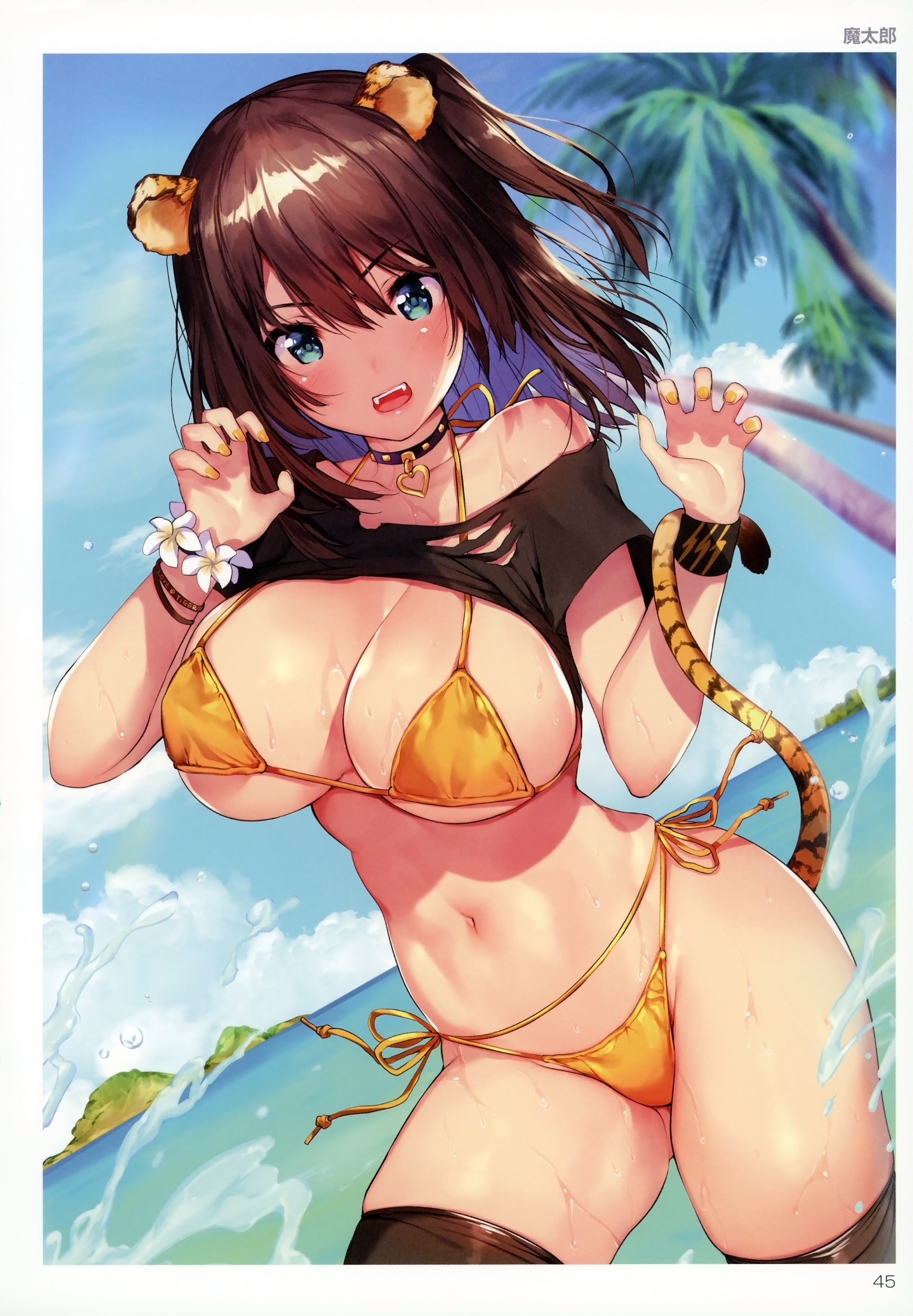 animal_ears bikini matarou shirt_lift swimsuits tail thighhighs toranoana torn_clothes