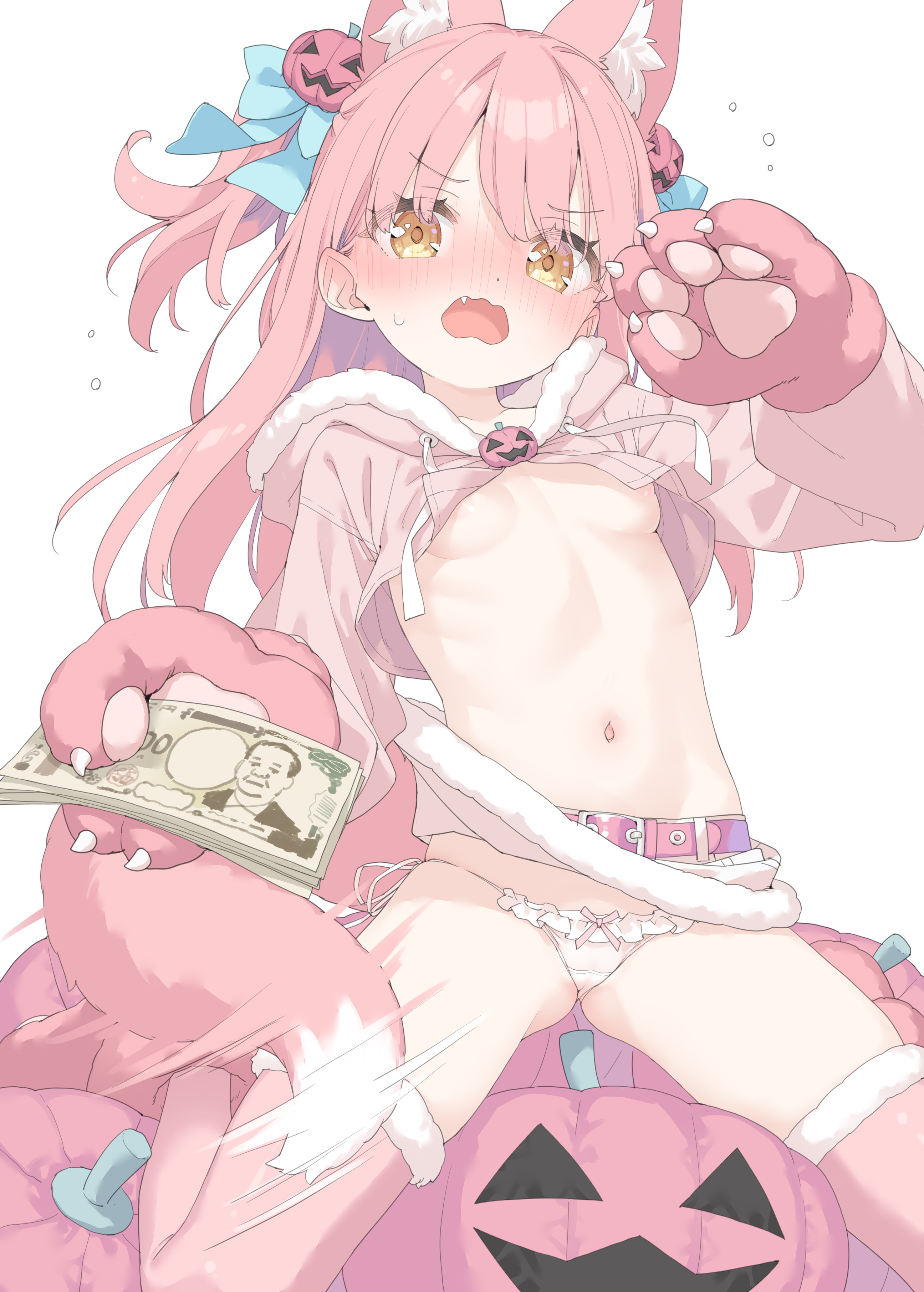 animal_ears areola halloween kani_biimu loli mikane_sebiri no_bra pantsu shirt_lift skirt_lift string_panties tail thighhighs wardrobe_malfunction