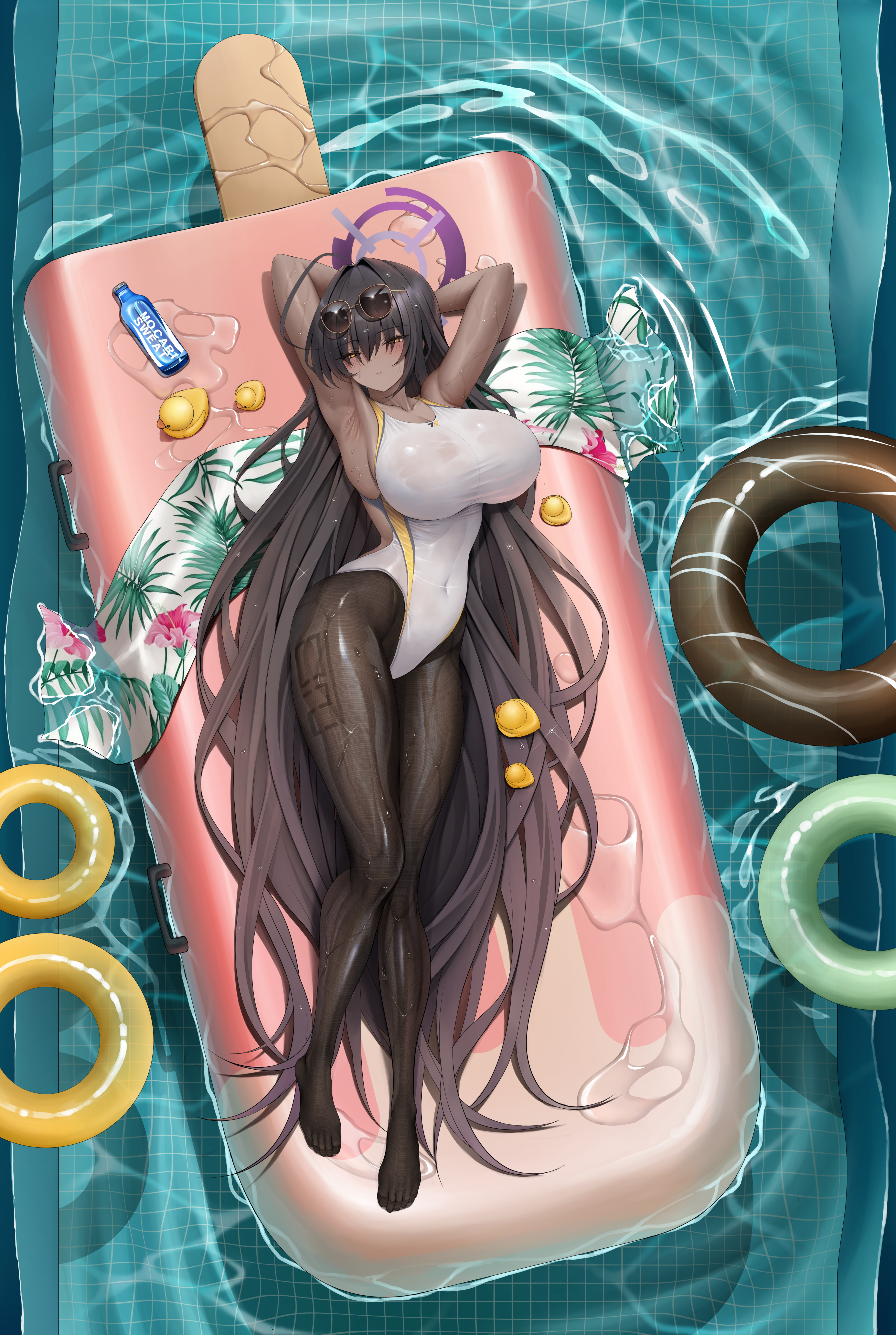 blue_archive halo kakudate_karin megane momoriko pantyhose see_through swimsuits wet wet_clothes