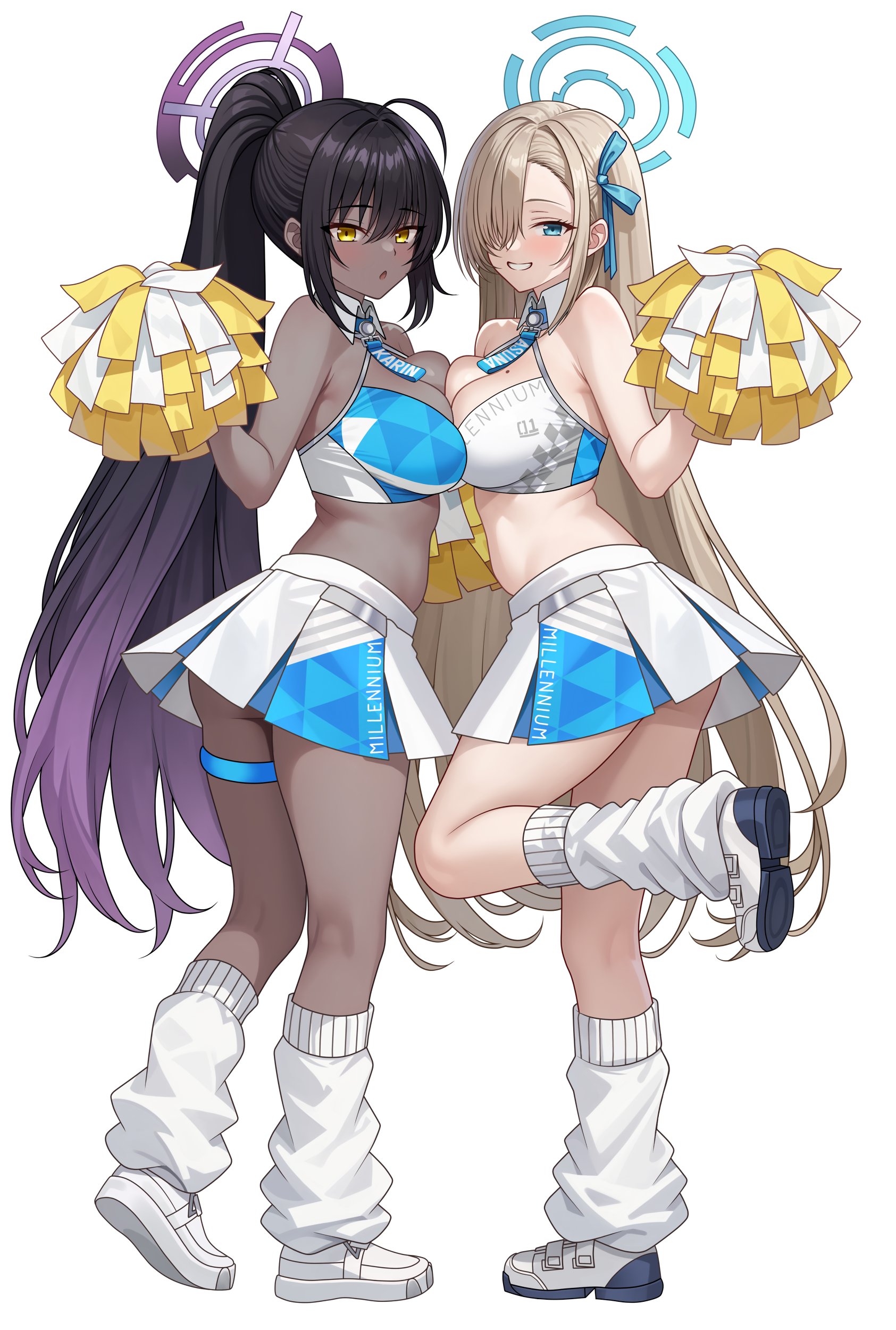 blue_archive cheerleader cosplay garter halo ichinose_asuna kakudate_karin nekozuka_hibiki no_bra skirt_lift symmetrical_docking vodka13