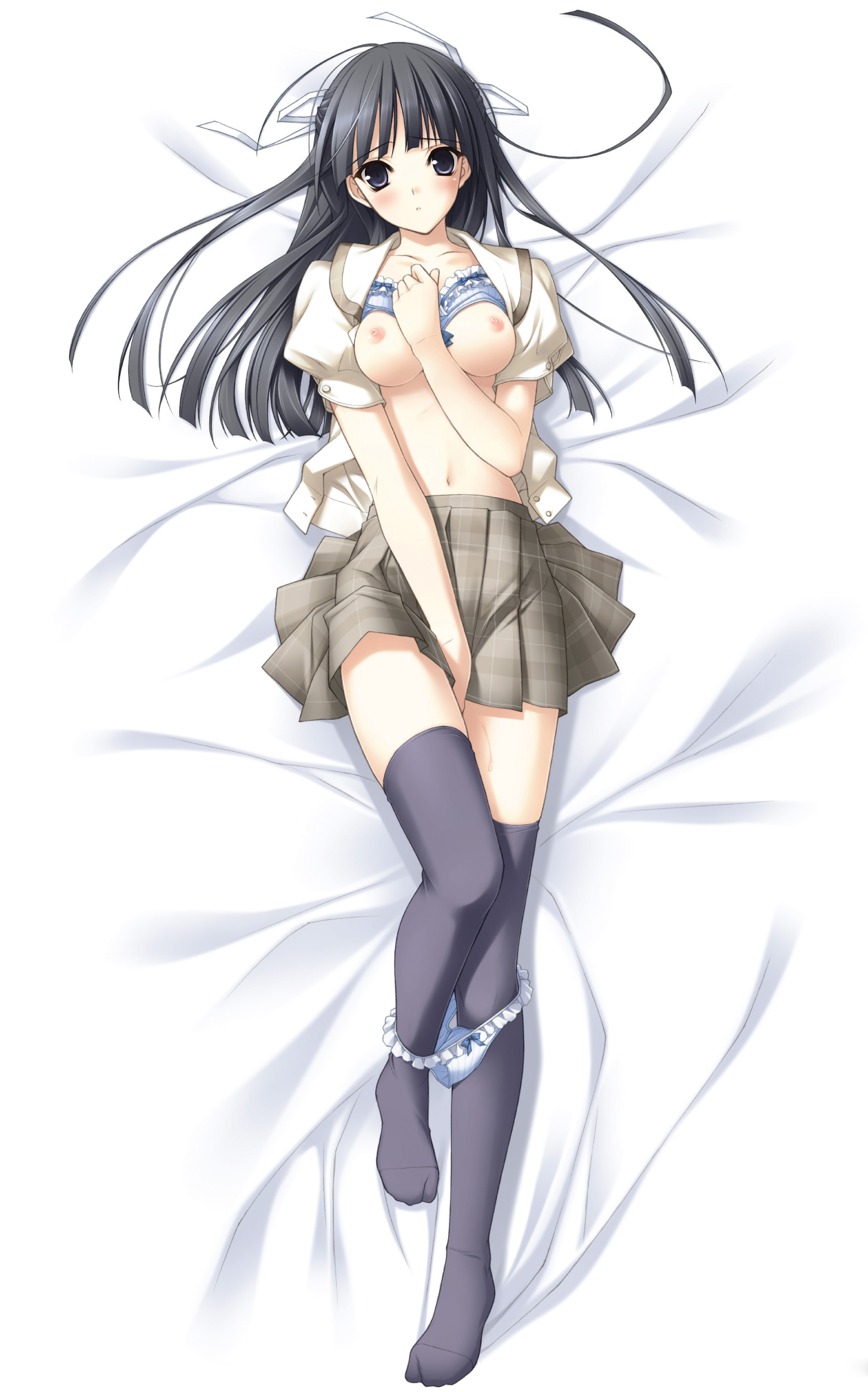 bra breasts dakimakura migiwa_kazuha nipples open_shirt panty_pull possible_duplicate seifuku sphere suzuhira_hiro thighhighs yosuga_no_sora