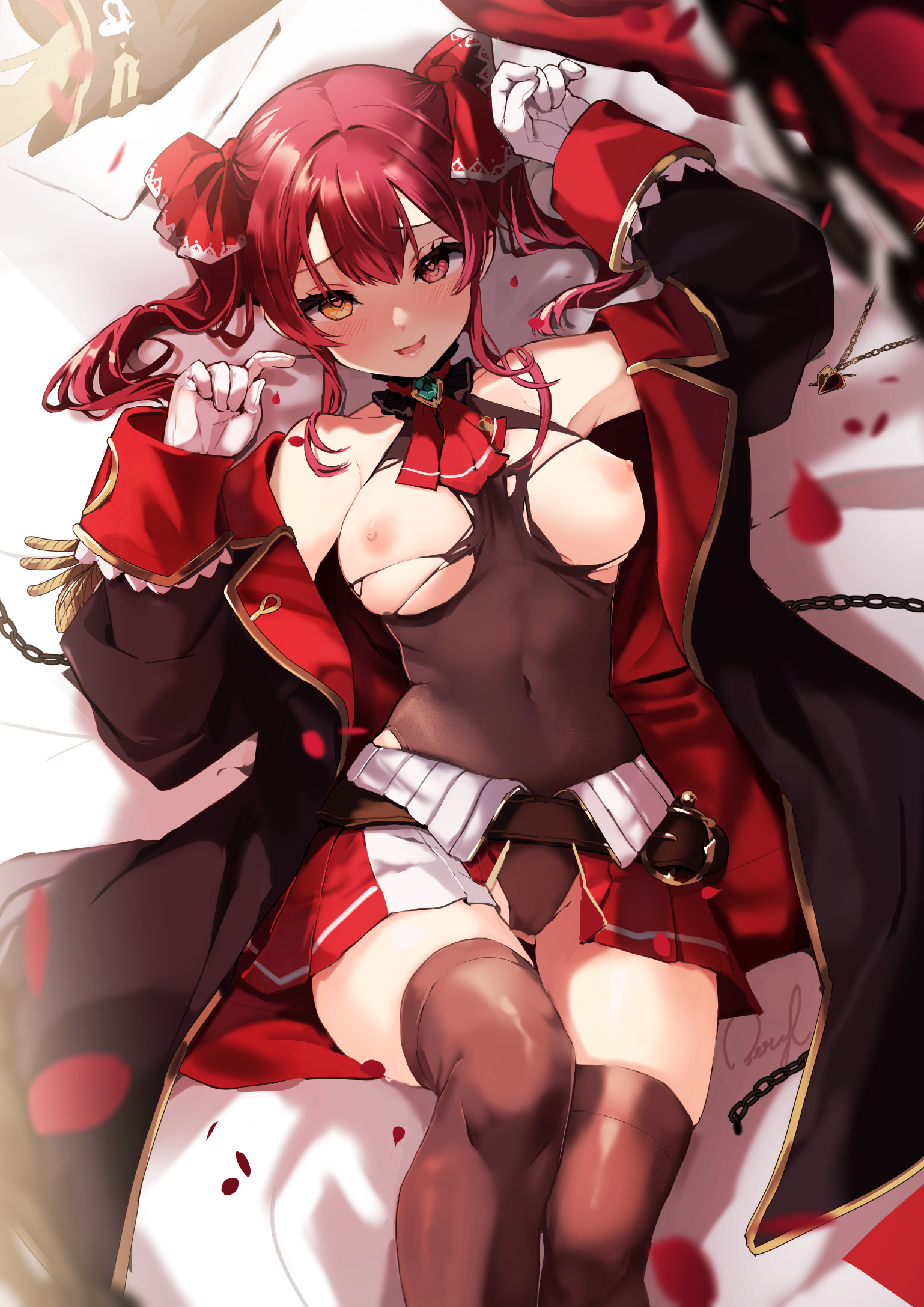 beryl_(blueberylpie) breasts cameltoe heterochromia hololive houshou_marine leotard nipples no_bra thighhighs torn_clothes