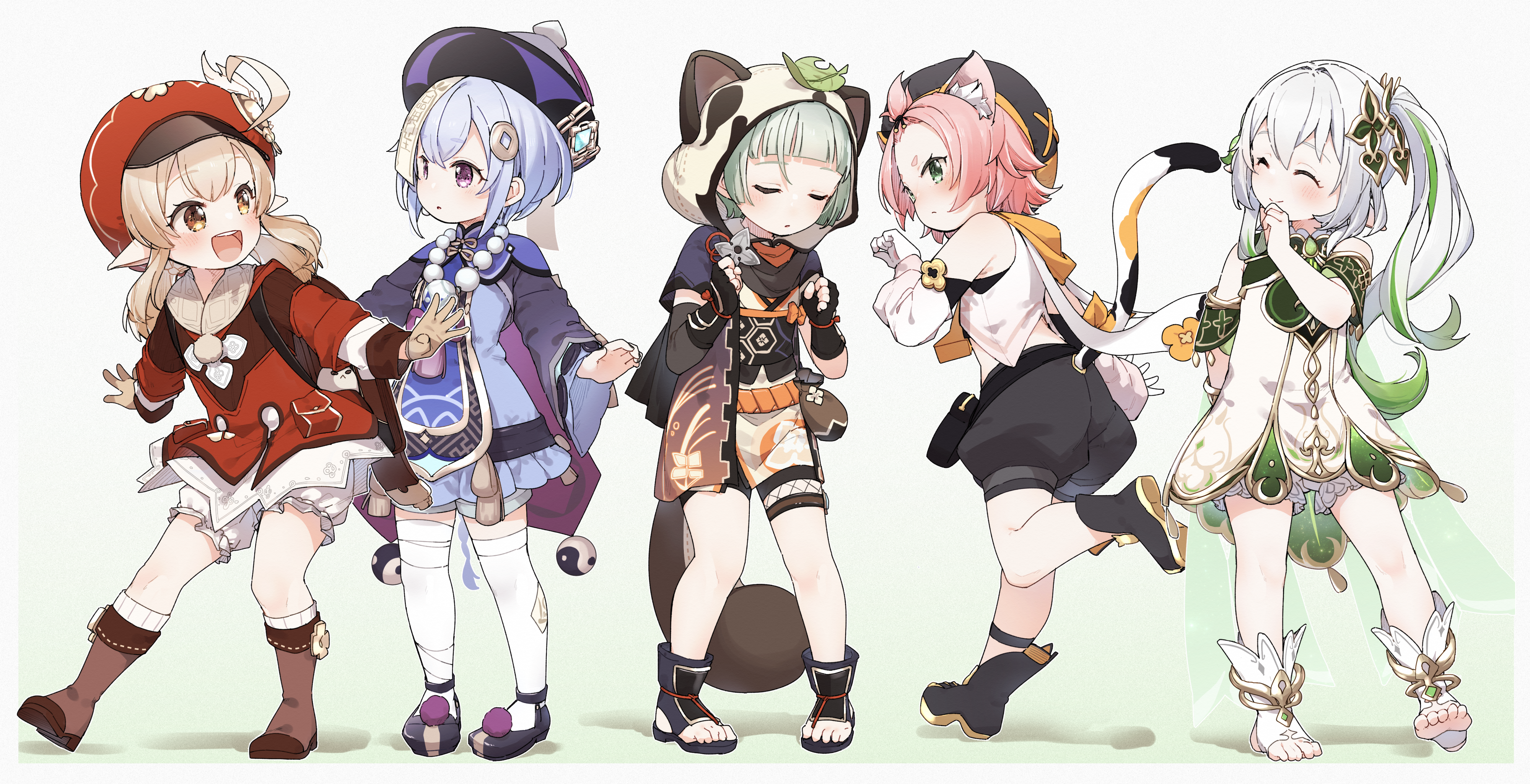 animal_ears asian_clothes bandages bloomers diona dress garter genshin_impact japanese_clothes klee kusaka_shi nahida nekomimi pointy_ears qiqi sayu_(genshin_impact) tail thighhighs