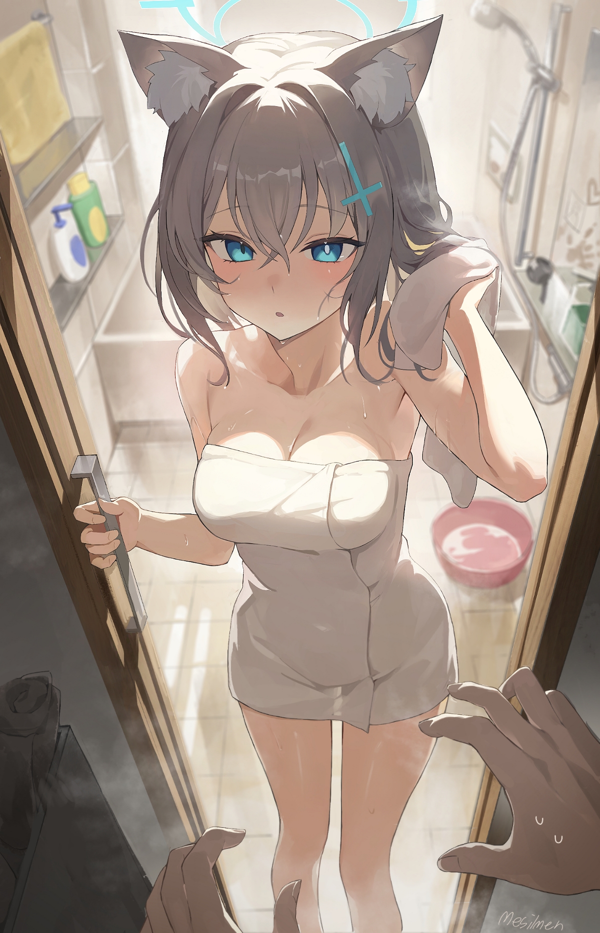 animal_ears blue_archive halak0000 halo nekomimi see_through sunaookami_shiroko towel wet