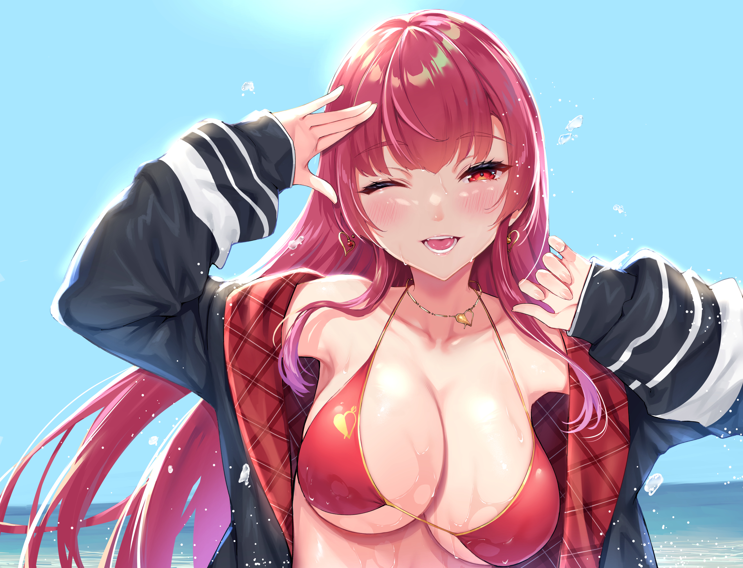 bikini_top hololive houshou_marine mushi024 open_shirt swimsuits wet