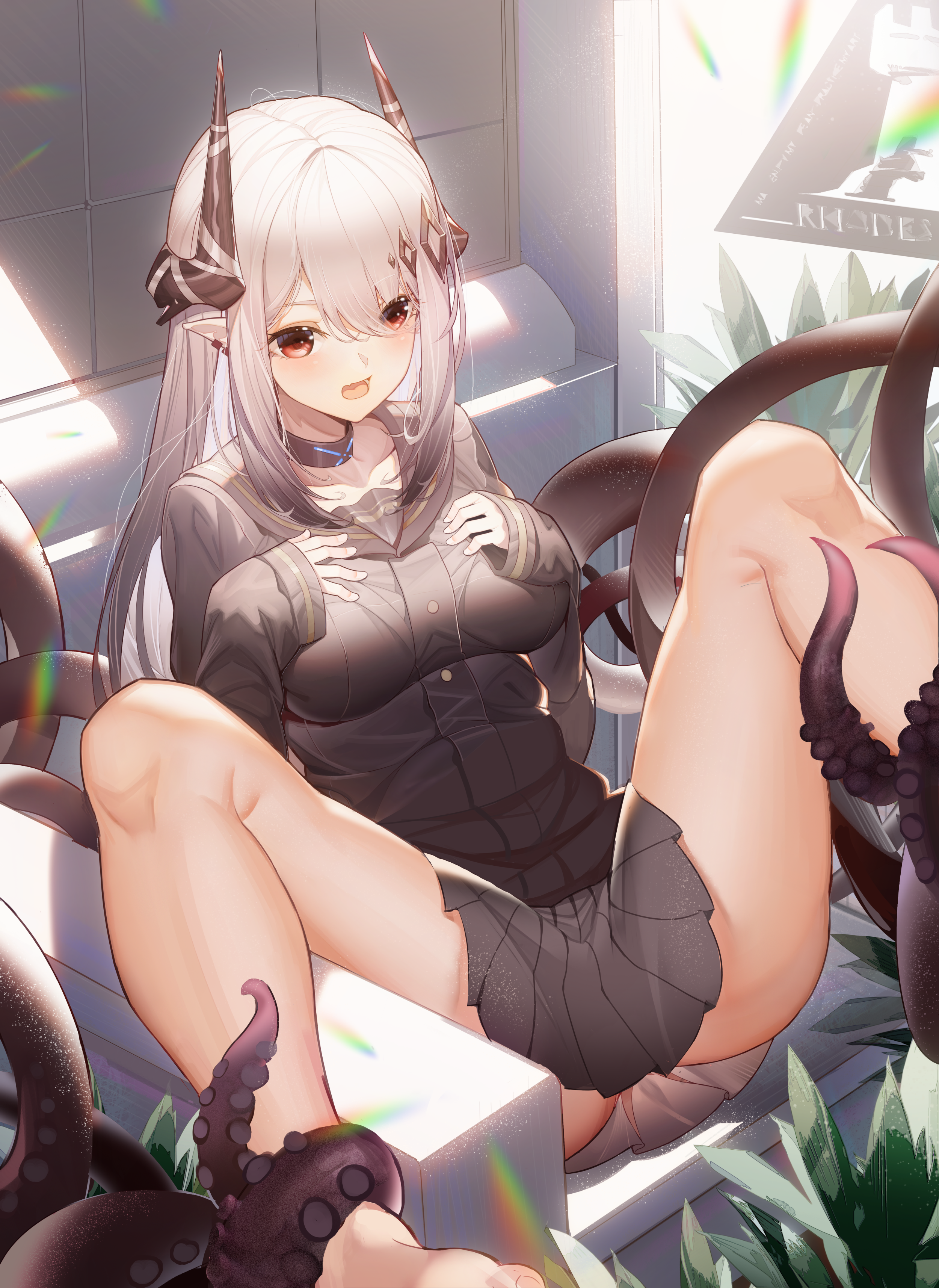 arknights bondage horns jinjide_shaonian mudrock_(arknights) pointy_ears seifuku skirt_lift tentacles