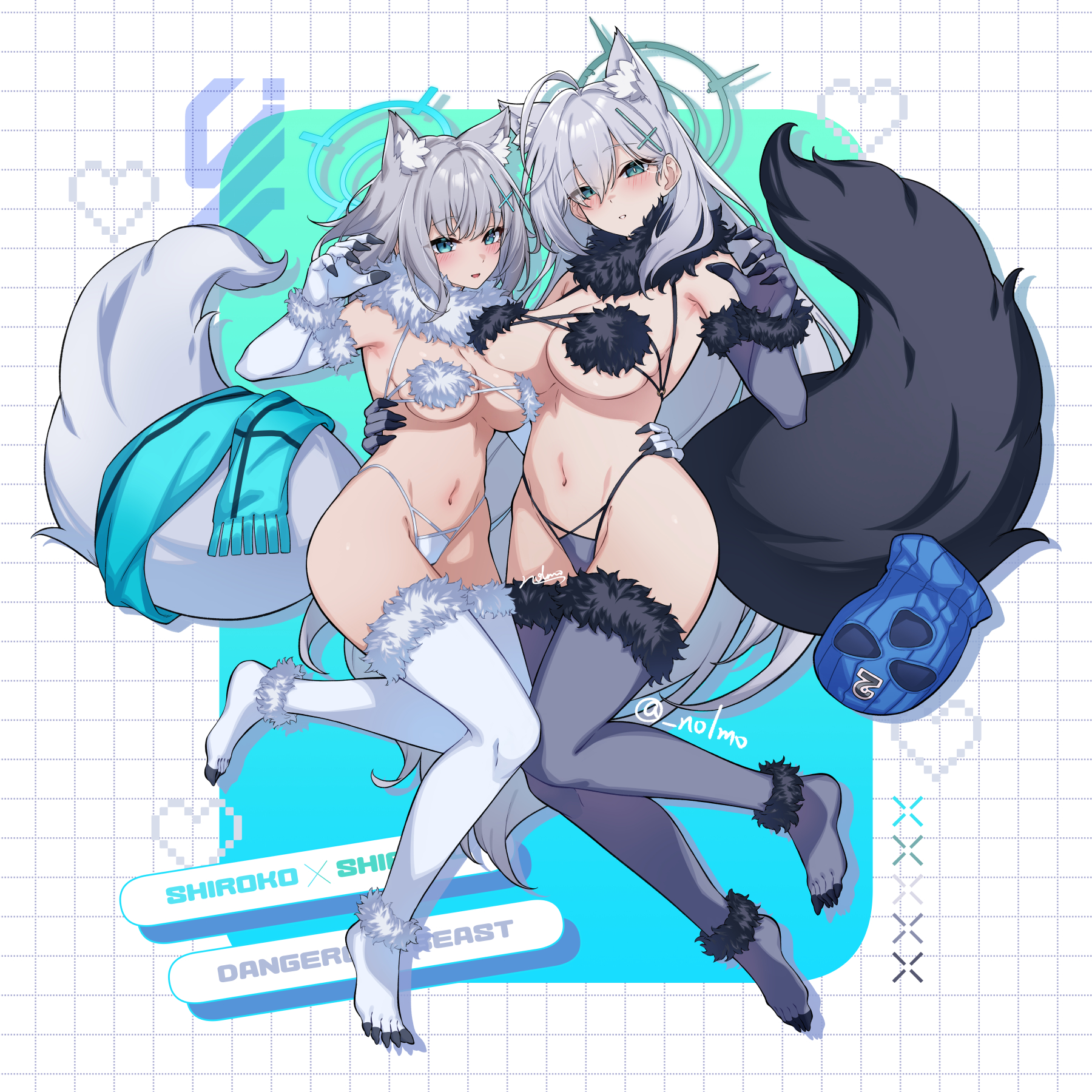 animal_ears blue_archive cosplay fate/grand_order halo mash_kyrielight no_bra nolmo pantsu shiroko_terror sunaookami_shiroko tail thighhighs