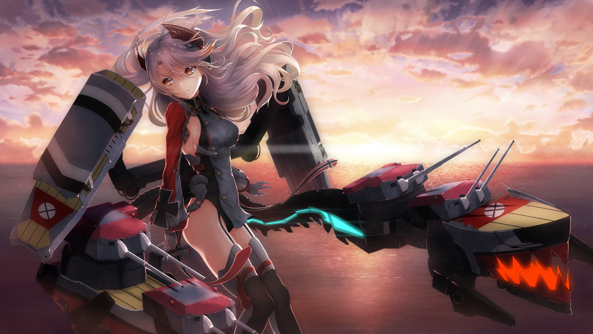 azur_lane hajika mecha prinz_eugen_(azur_lane) stockings thighhighs uniform weapon