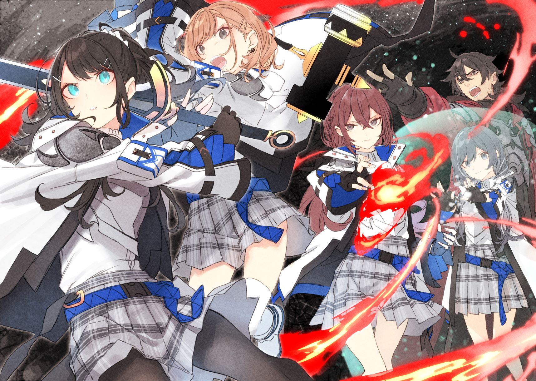 abe_haruka armor asada_kana igami_kousuke kitahara_yuzu kuwashima_rein miyano_mizuki pantyhose saitei_rank_no_boukensha_yuusha_shoujo_wo_sodateru seifuku skirt_lift sword thighhighs weapon