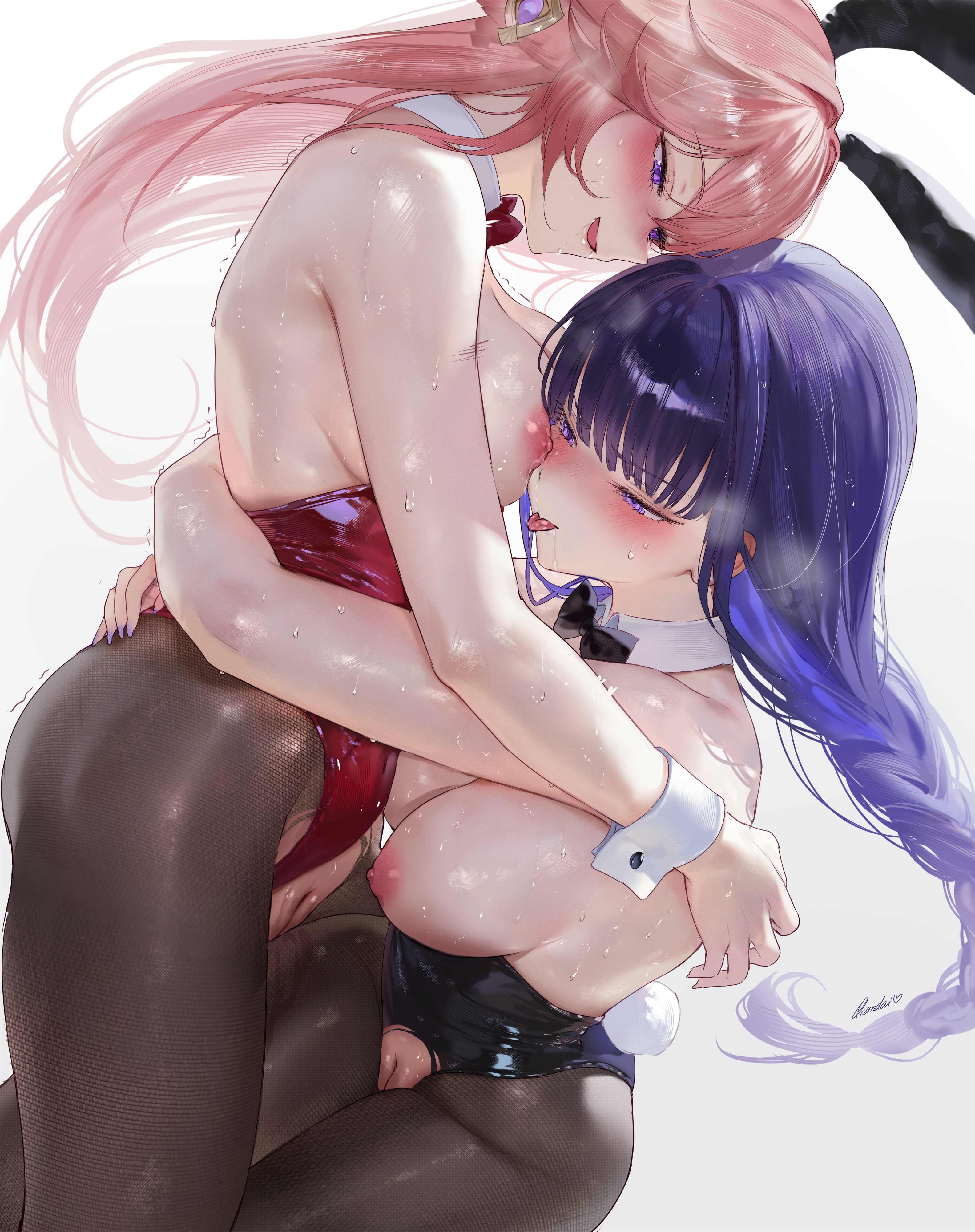 animal_ears breasts bunny_ears bunny_girl genshin_impact kitsune leotard nipples no_bra nopan pantyhose pussy pussy_juice qiandaiyiyu raiden_shogun tail torn_clothes uncensored wet yae_miko yuri