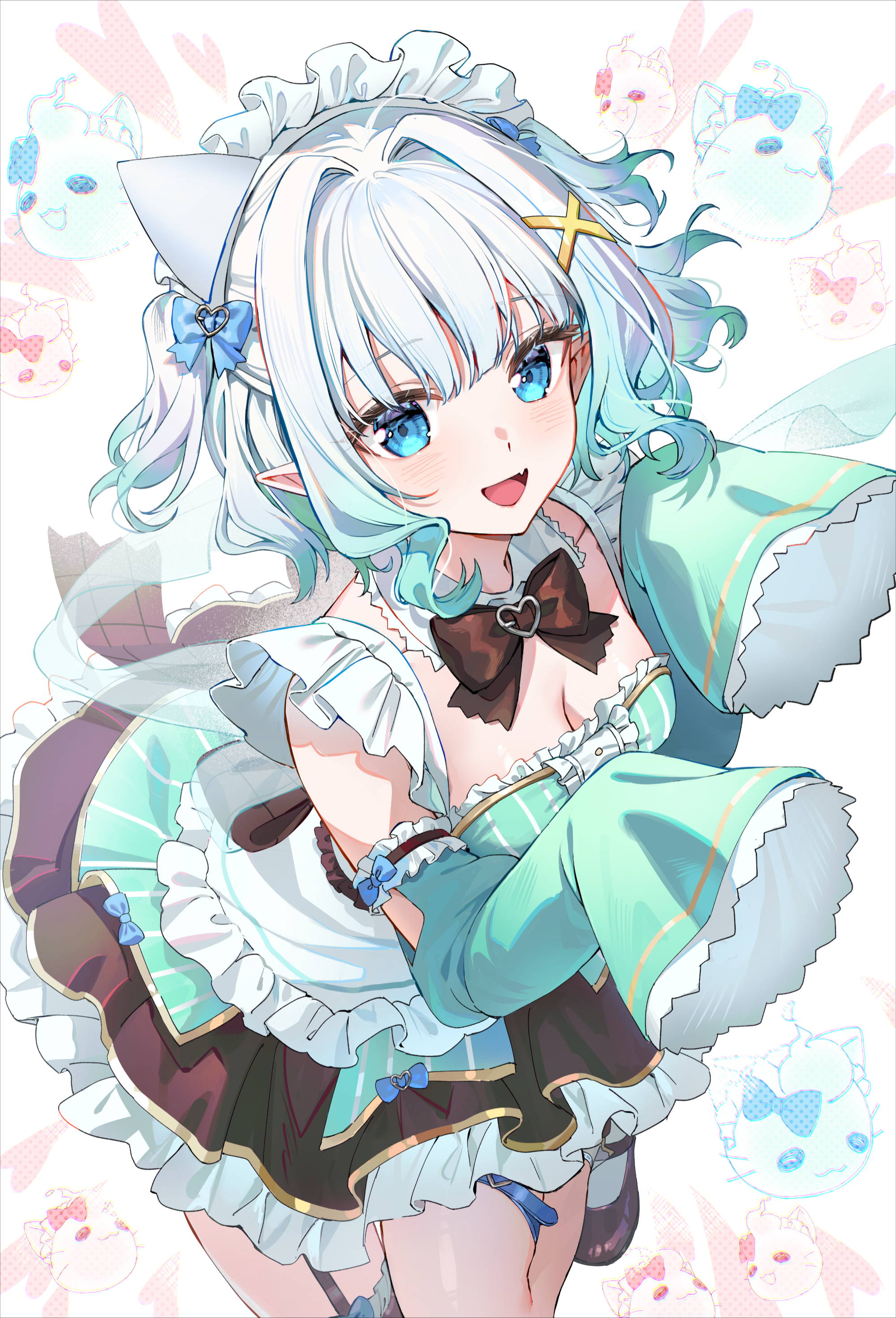 garter indie_virtual_youtuber maid mint_fantome no_bra pointy_ears rosuuri stockings thighhighs