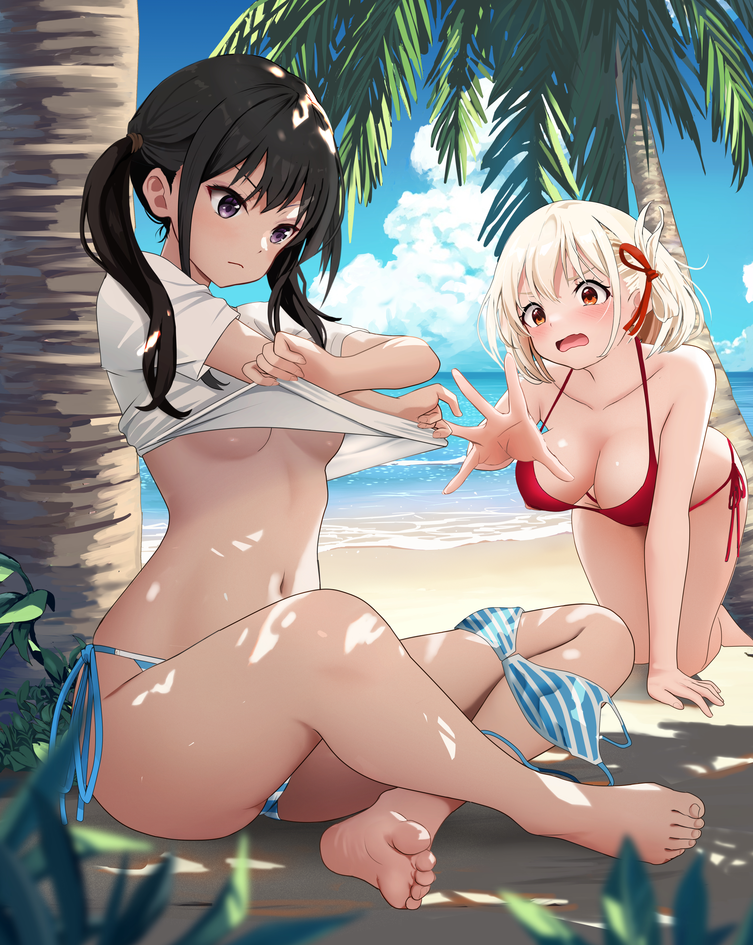 bikini gibun_(sozoshu) inoue_takina lycoris_recoil nishikigi_chisato no_bra shirt_lift swimsuits underboob undressing