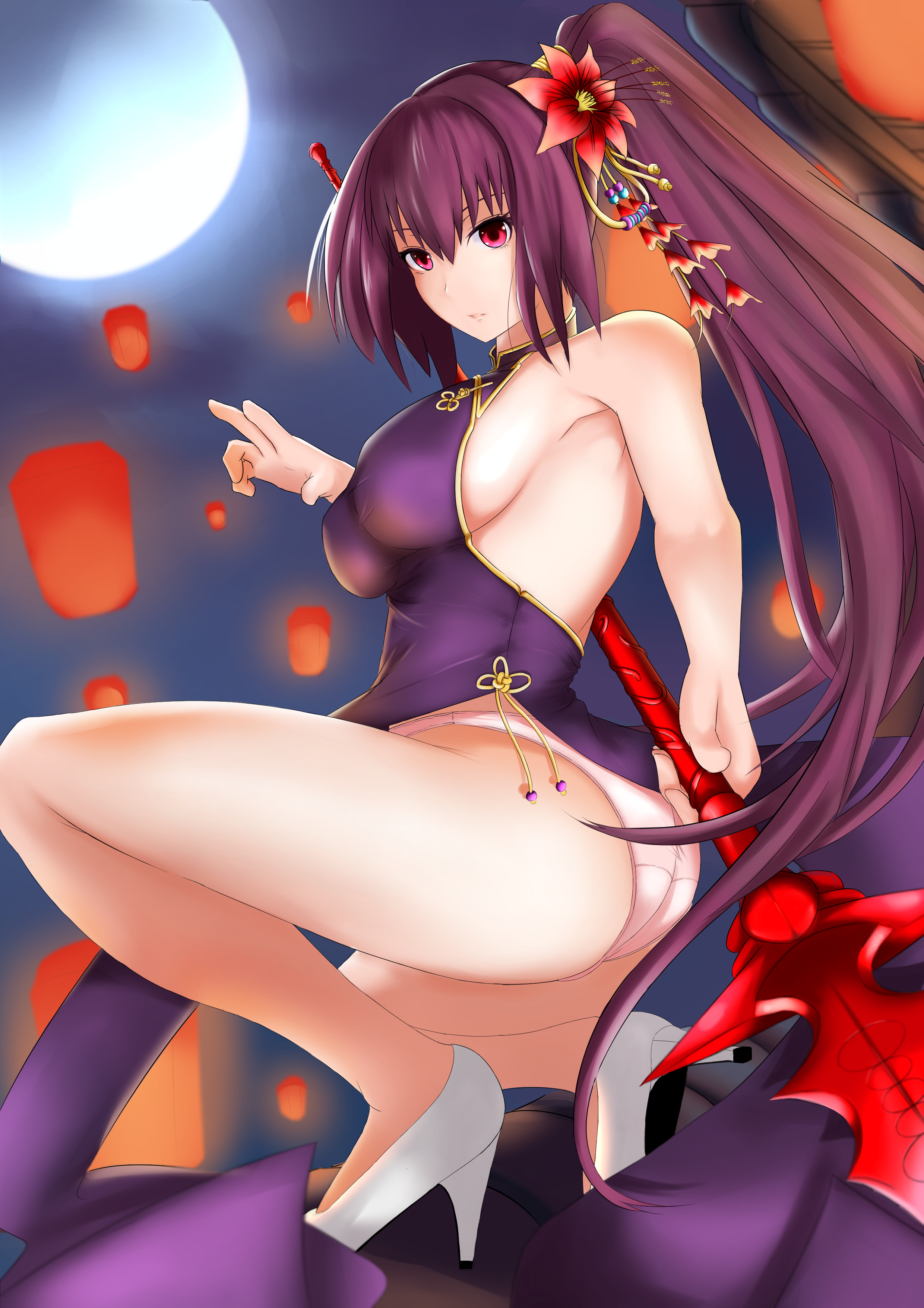 ass chinadress erect_nipples fate/grand_order heels no_bra pantsu sam_desu scathach_(fate/grand_order) underboob weapon