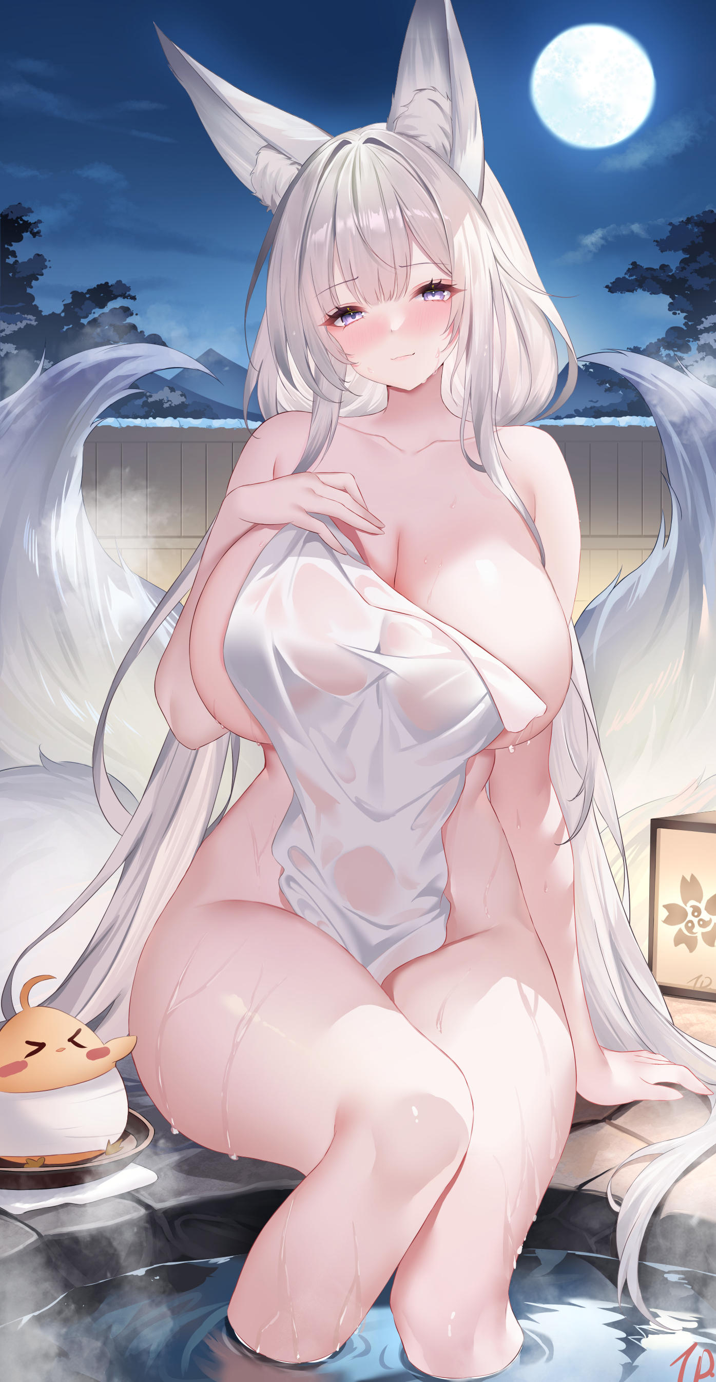 animal_ears azur_lane kitsune manjuu_(azur_lane) naked nanoda002_(saber427) onsen see_through shinano_(azur_lane) tail towel wet