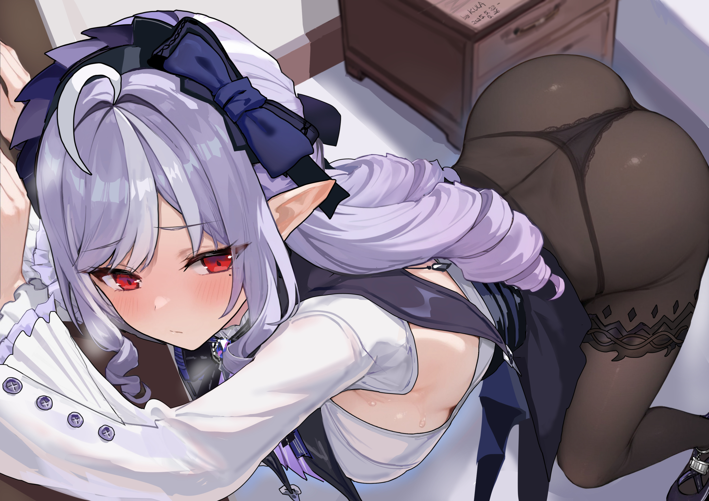 garter kkkula no_bra pantsu pantyhose pointy_ears skirt_lift thong vivian_banshee wet zenless_zone_zero