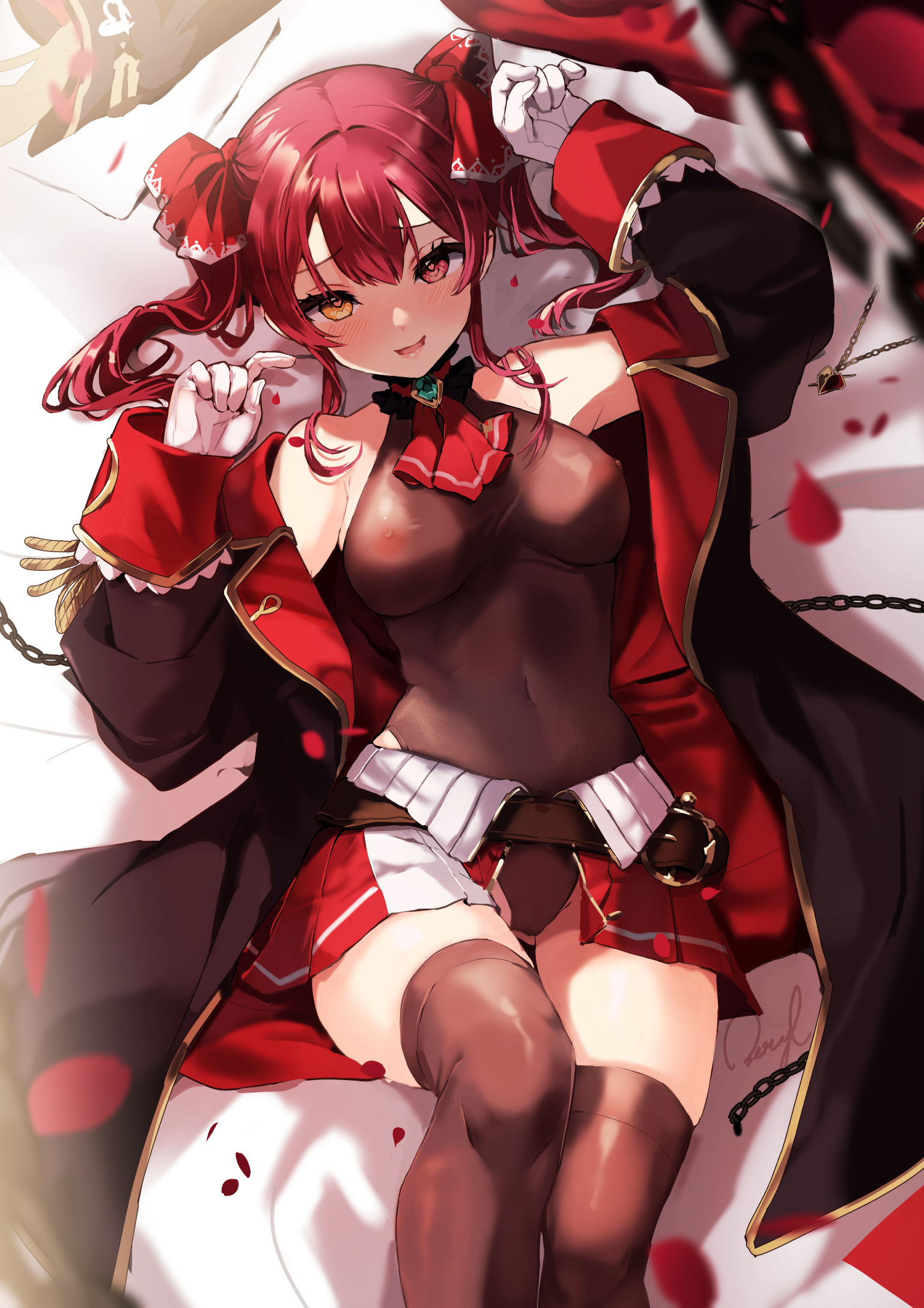 beryl_(blueberylpie) cameltoe heterochromia hololive houshou_marine leotard nipples no_bra see_through thighhighs