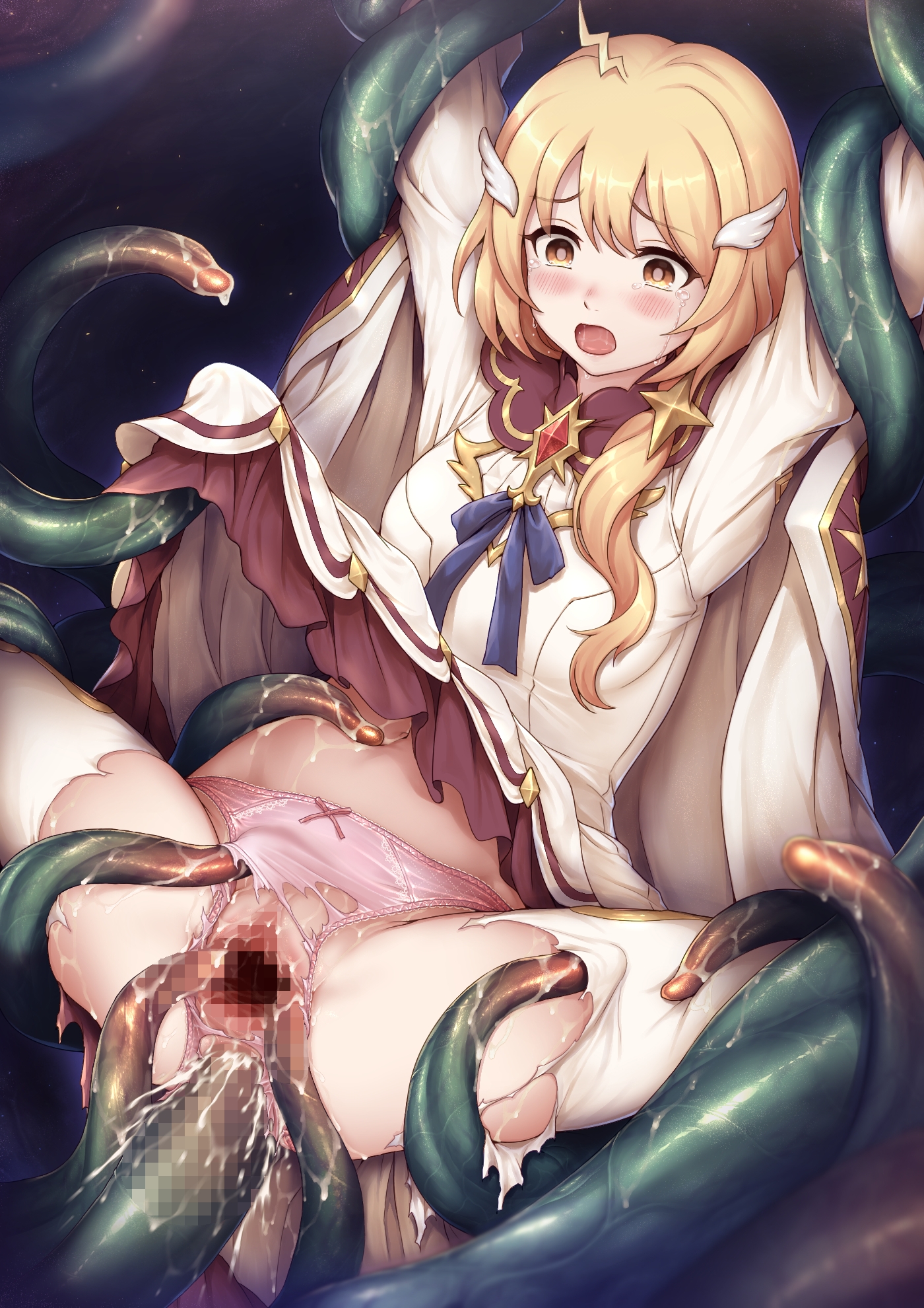 anal anus bondage censored cum dress extreme_content kuou_ria kuragetakos pantsu princess_connect pussy pussy_juice sex skirt_lift tentacles thighhighs thong torn_clothes