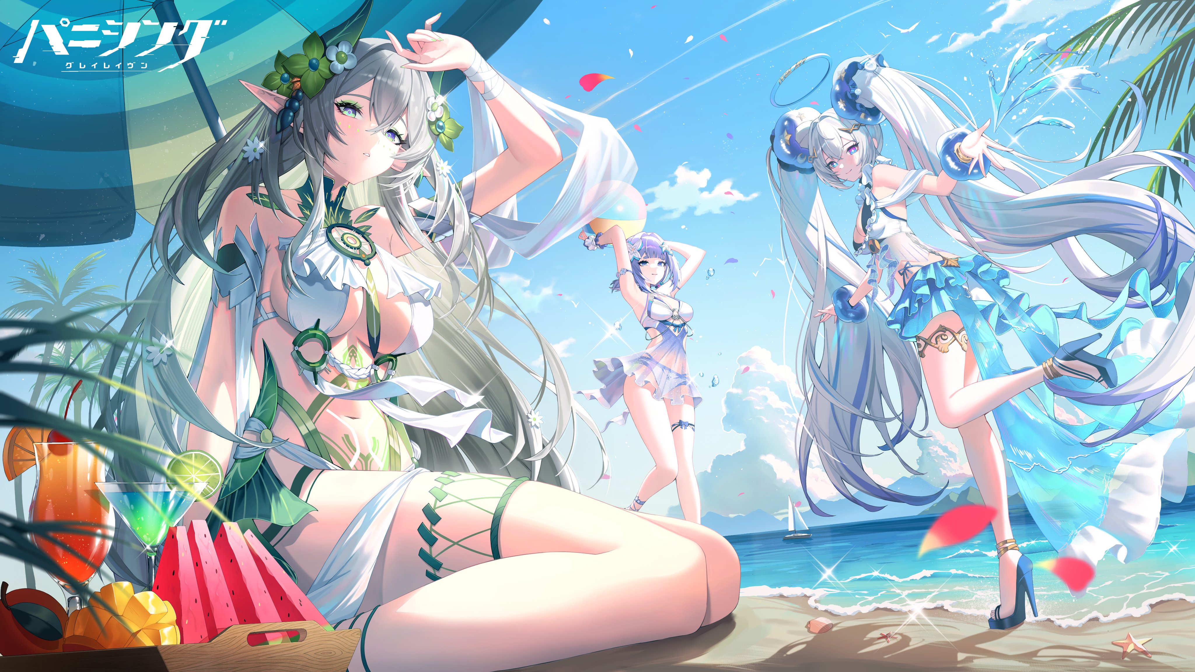 bikini garter halo heels heterochromia horns pointy_ears punishing:_gray_raven see_through swimsuits tagme tattoo