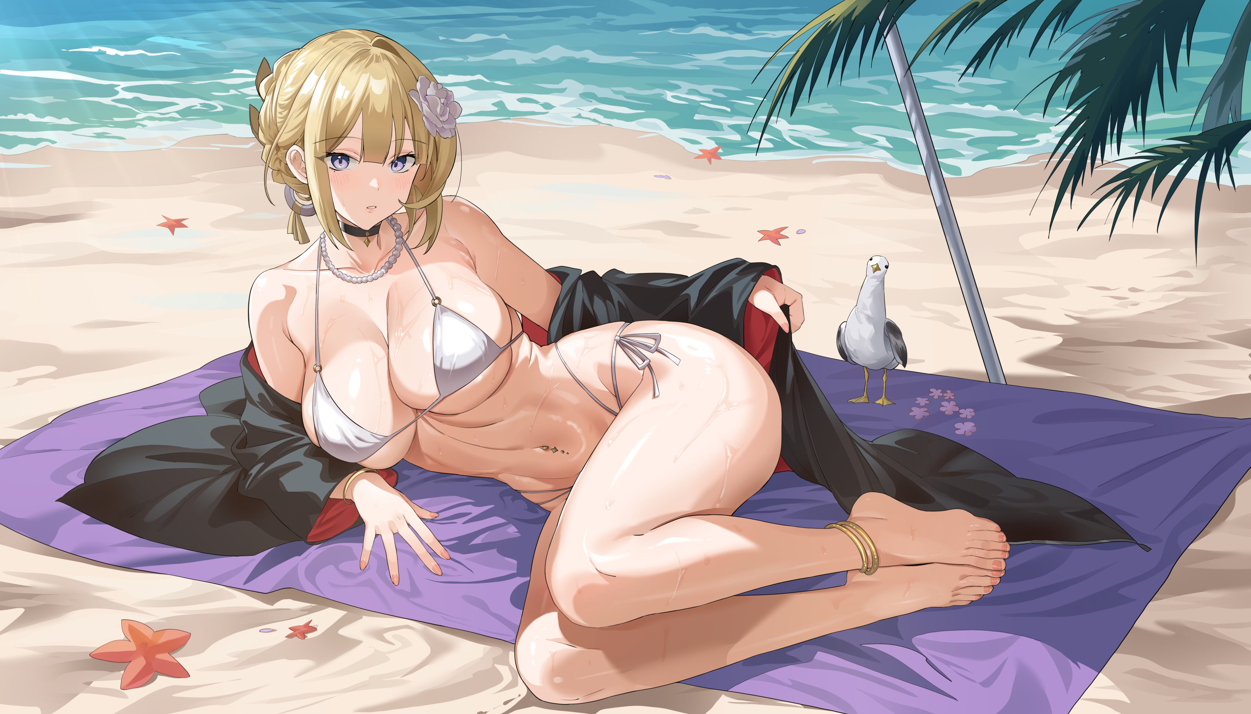 bikini evelyn_chevalier open_shirt otakueden1995 swimsuits wet zenless_zone_zero