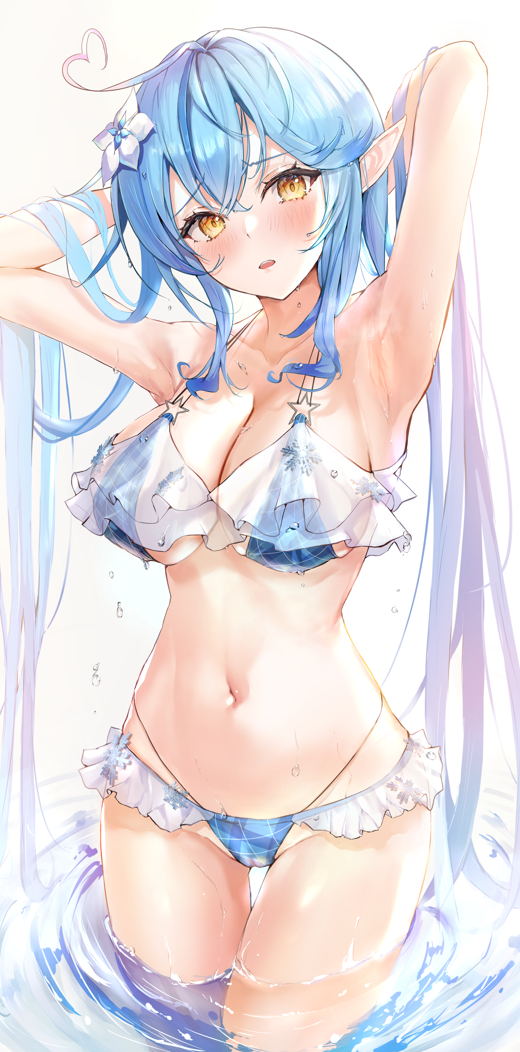 artist_revision bikini cameltoe elf hololive mugiusagi pointy_ears see_through swimsuits wet yukihana_lamy