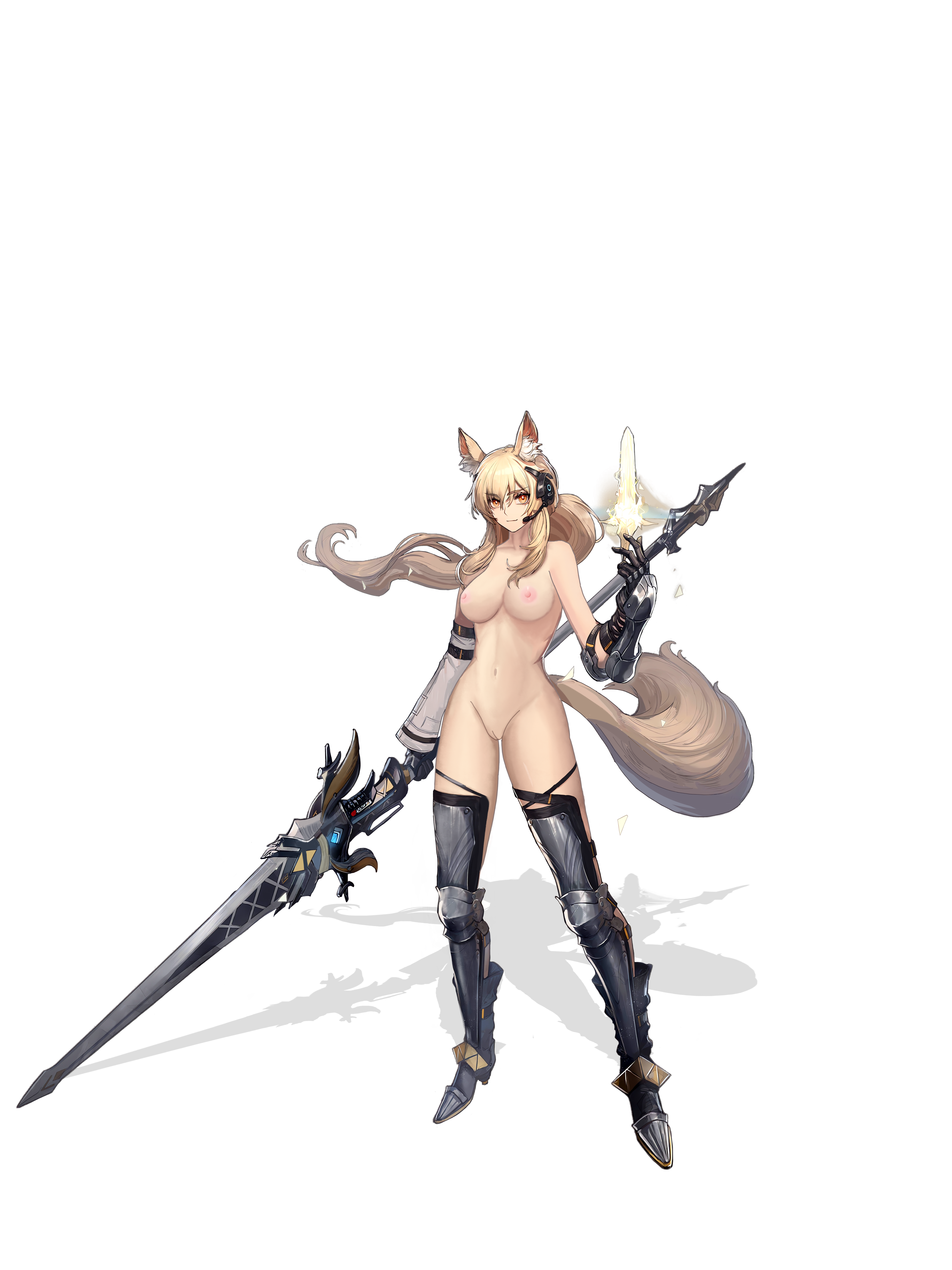 animal_ears arknights armor headphones heels kkjjiioo naked nearl_(arknights) nipples pussy tail uncensored weapon