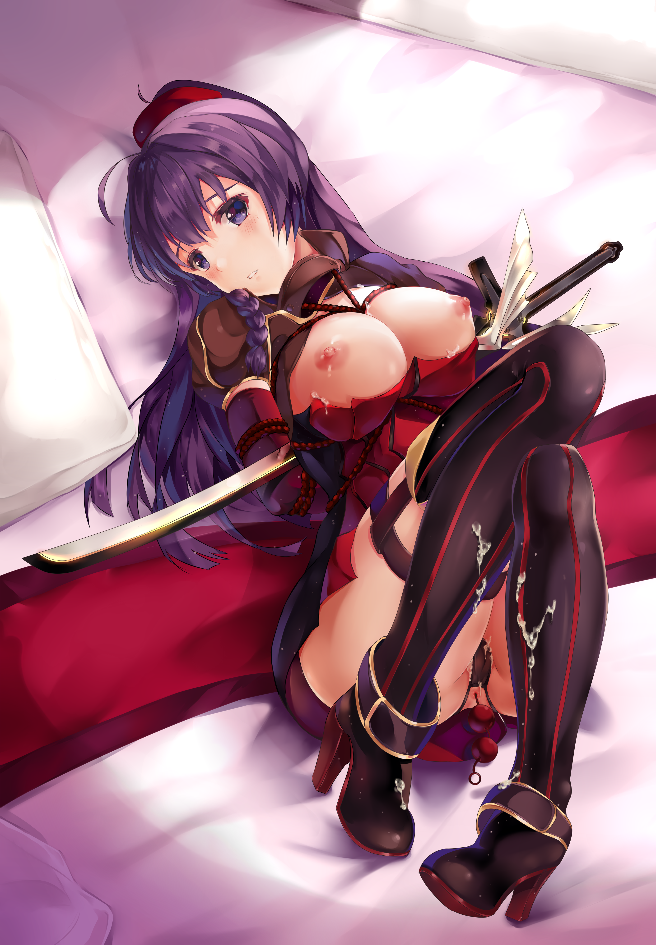 anal anal_beads anus benghuai_xueyuan bondage breasts cameltoe cum heels honkai_impact nipples no_bra open_shirt pantsu raiden_mei sword thighhighs zomzomzomsauce