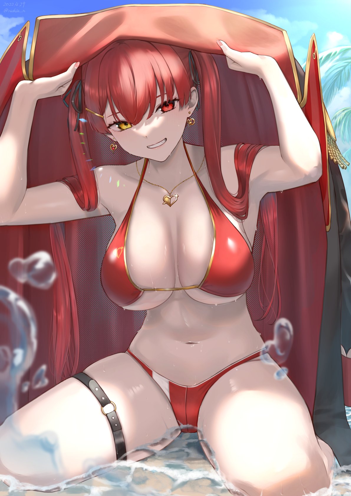 bikini garter heterochromia hololive houshou_marine rushian swimsuits wet