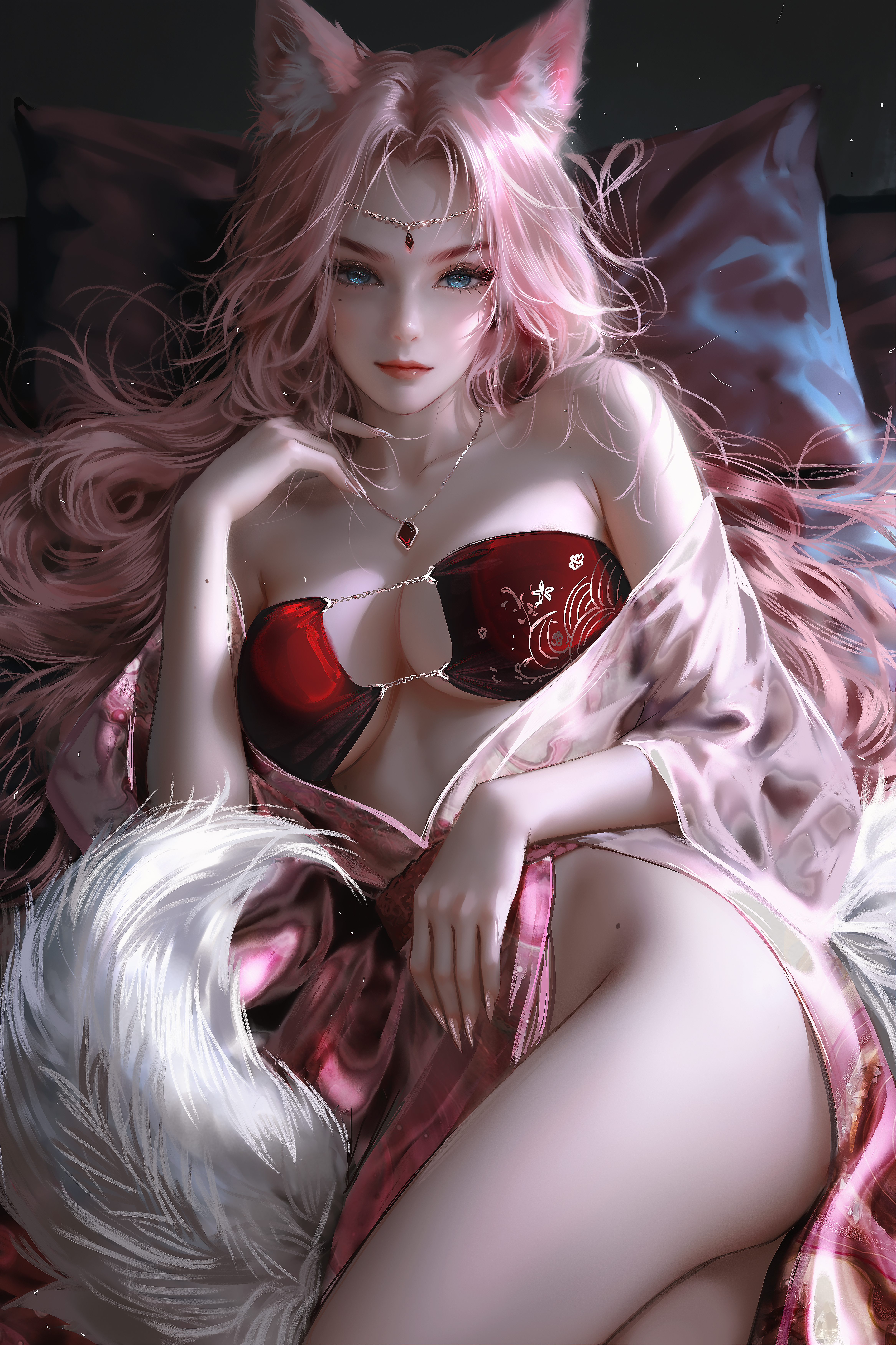 animal_ears bra kimono kitsune nixeu nopan open_shirt tail