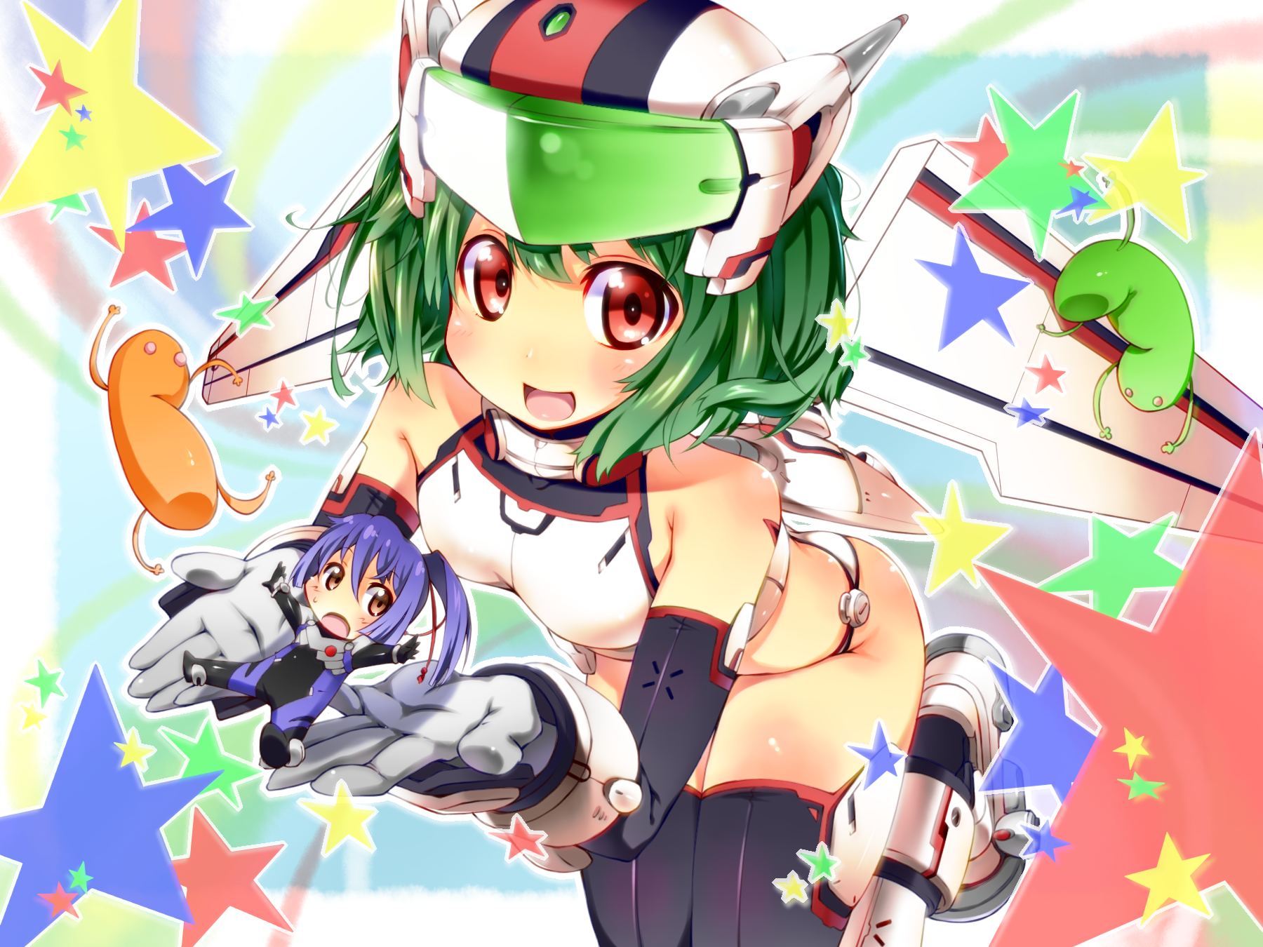 bodysuit chibi kazuma_(kazumav) macross macross_frontier mecha_musume oosanshouuo-san ranka_lee saotome_alto thighhighs