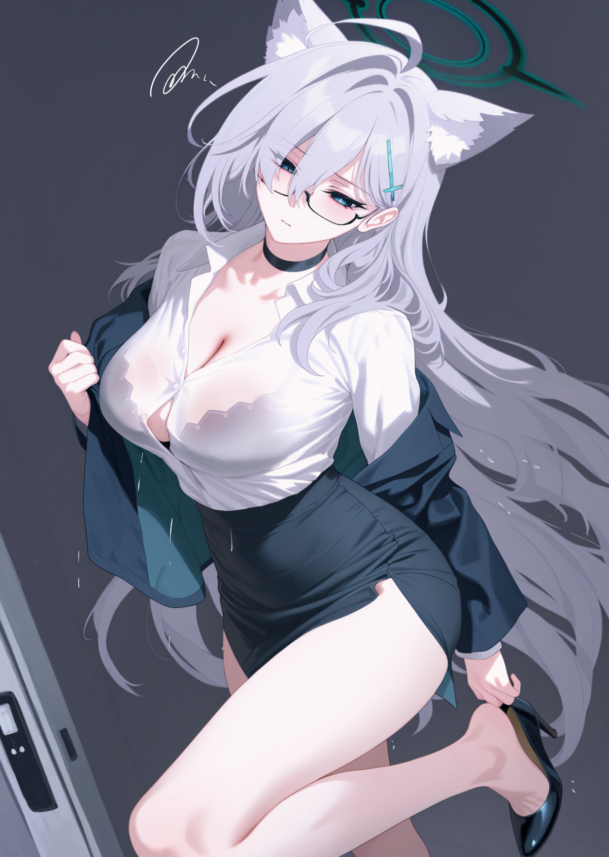 animal_ears blue_archive bra ei_(fnjx3455) halo heels megane nekomimi open_shirt see_through shiroko_terror sunaookami_shiroko undressing