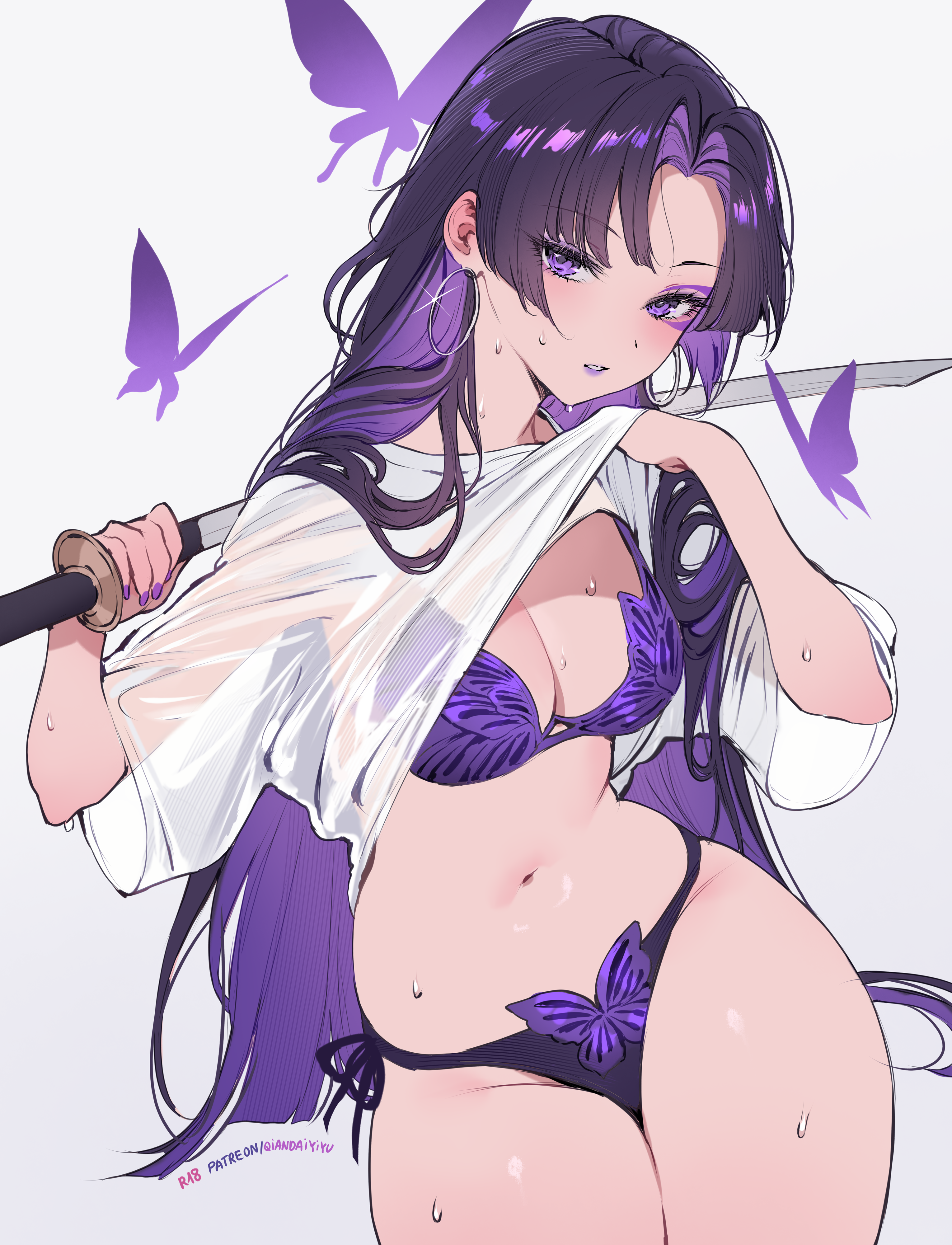 bikini marvel marvel_rivals psylocke qiandaiyiyu see_through shirt_lift swimsuits sword tattoo undressing wet wet_clothes