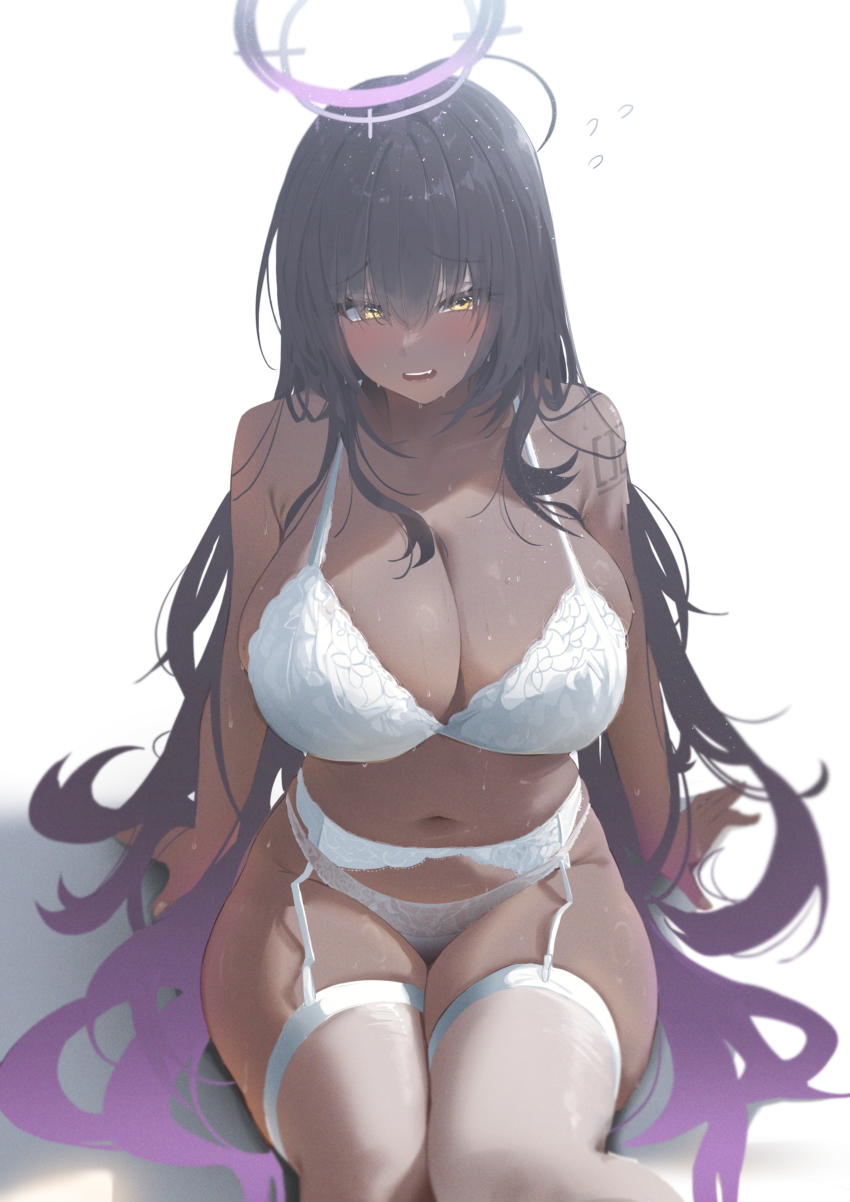 blue_archive bra garter_belt halo kakudate_karin lingerie pantsu pascalza123 stockings tattoo thighhighs wet