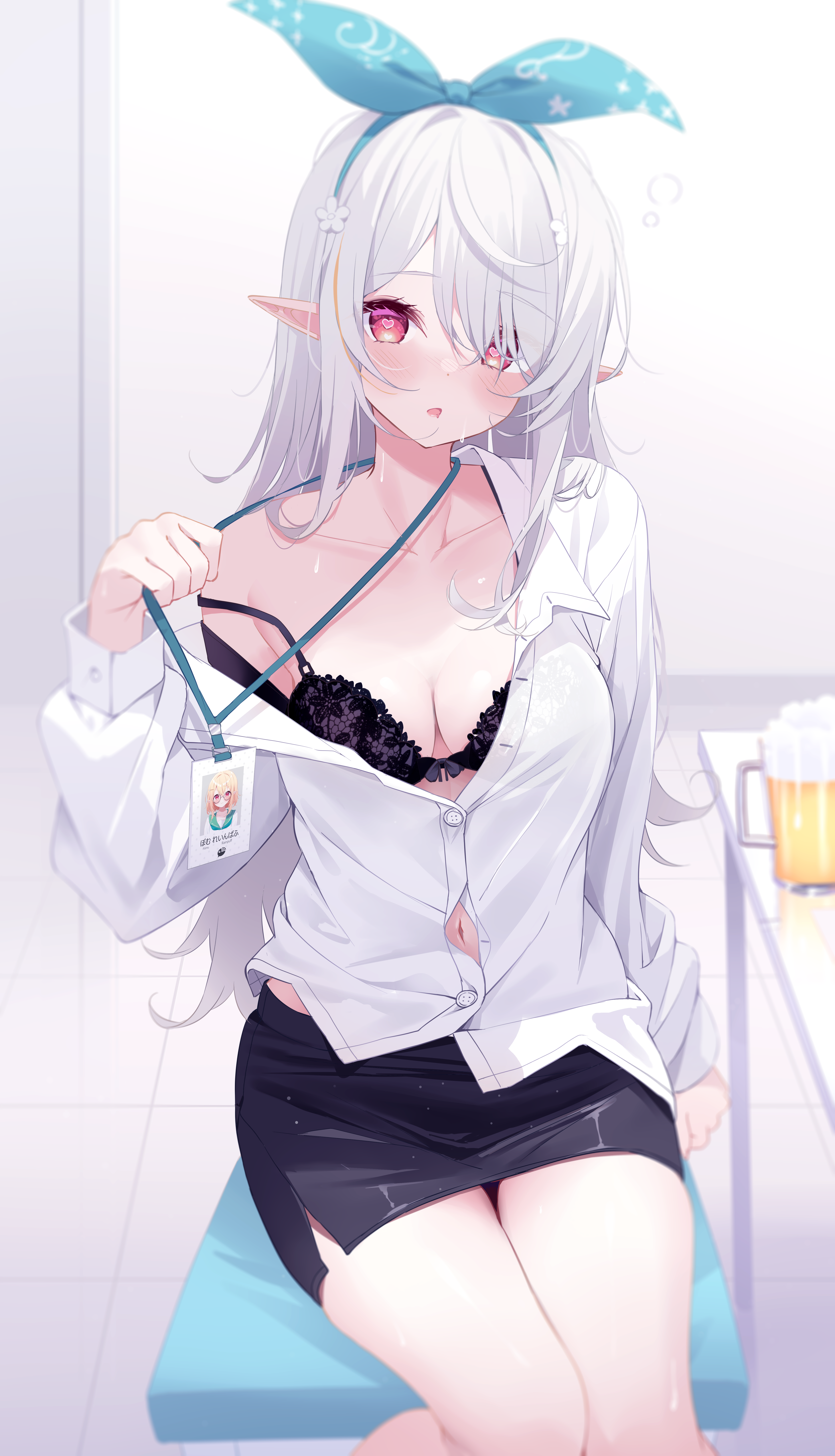 bra deyui dress_shirt nijisanji nijisanji_en open_shirt pointy_ears pomu_rainpuff wet