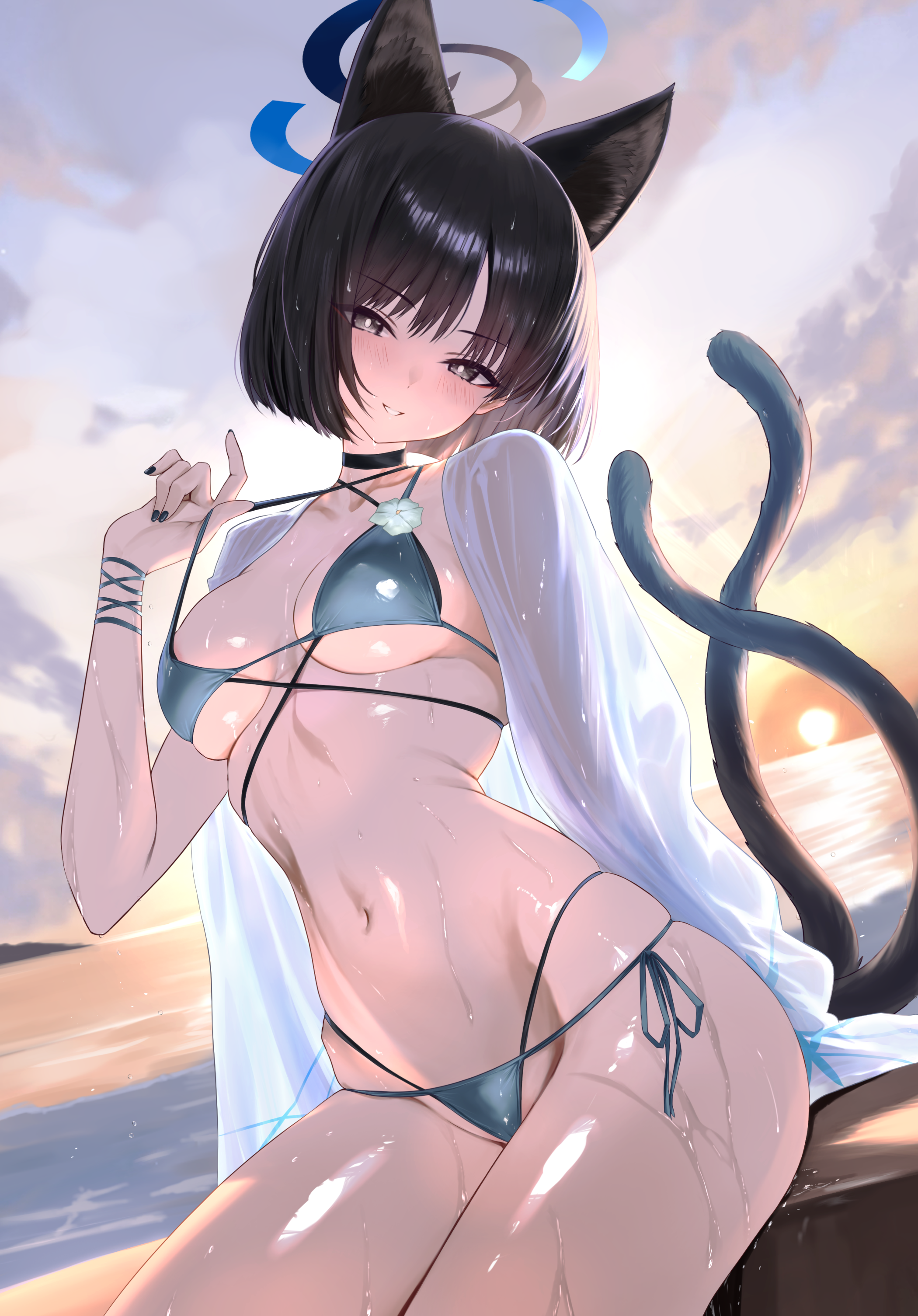 animal_ears bikini blue_archive halo kiryuu_kikyou nekomimi noa_(skae3323) see_through swimsuits tail wet