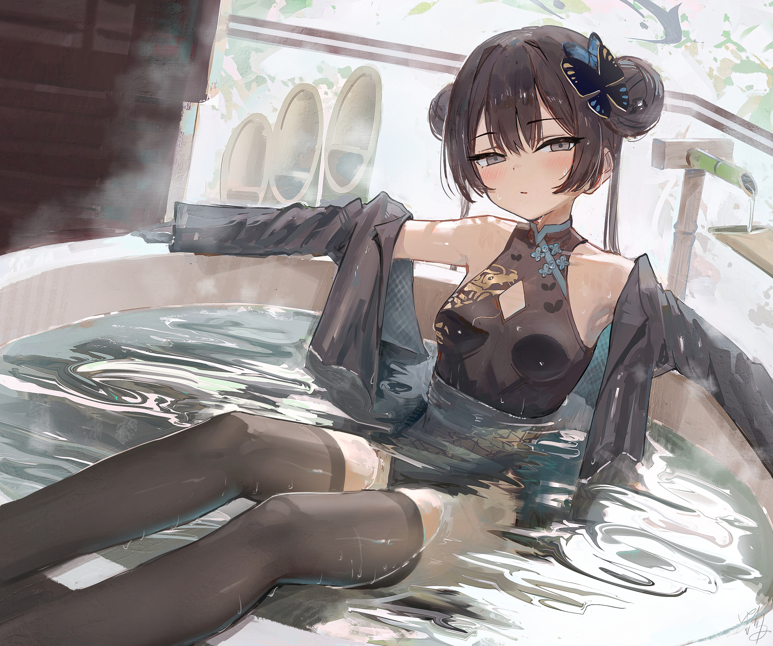 blue_archive chinadress halo hidulume loli nopan ryuuge_kisaki thighhighs wet