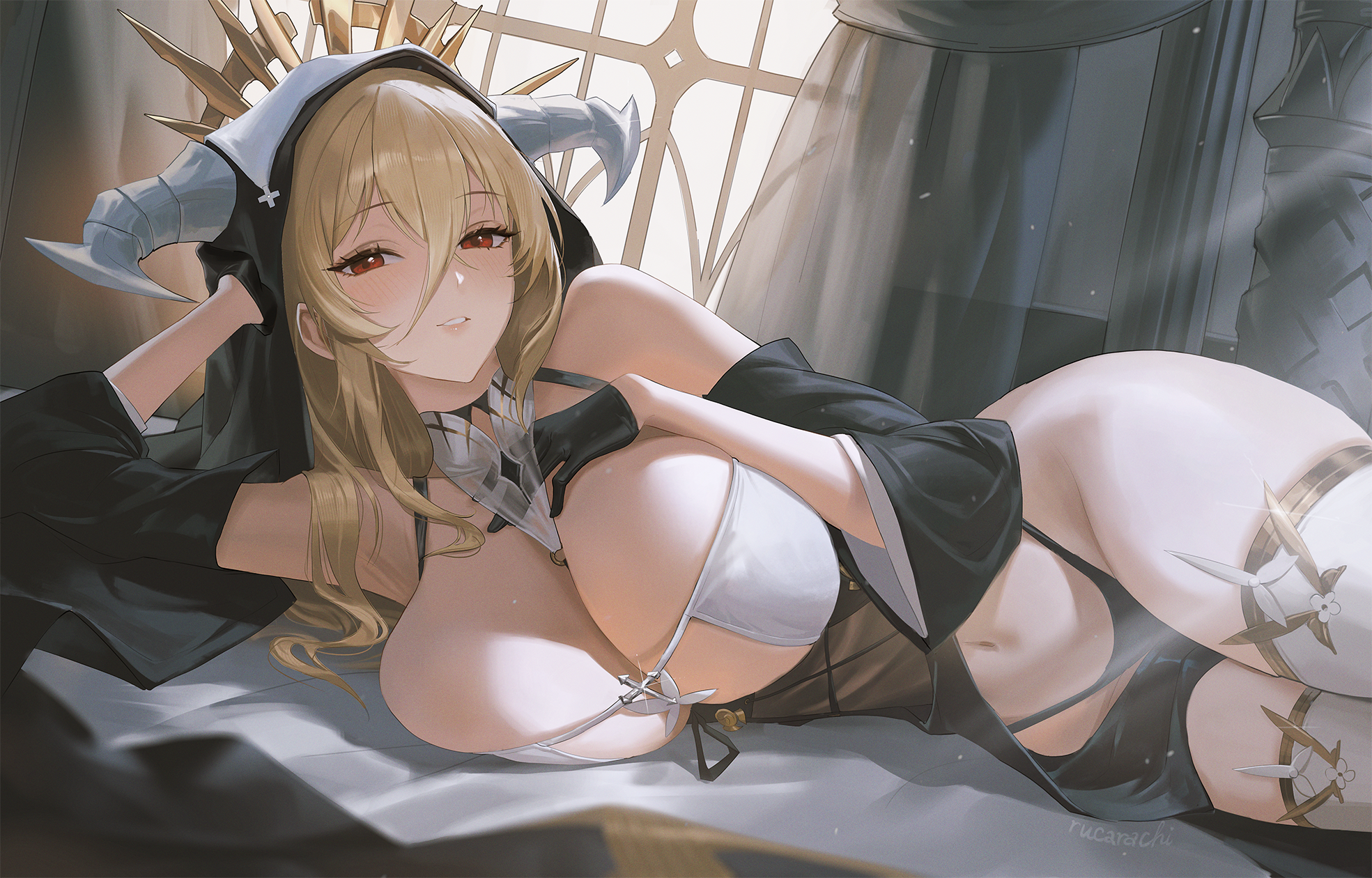 azur_lane horns implacable_(azur_lane) no_bra nun pantsu rucarachi see_through thighhighs