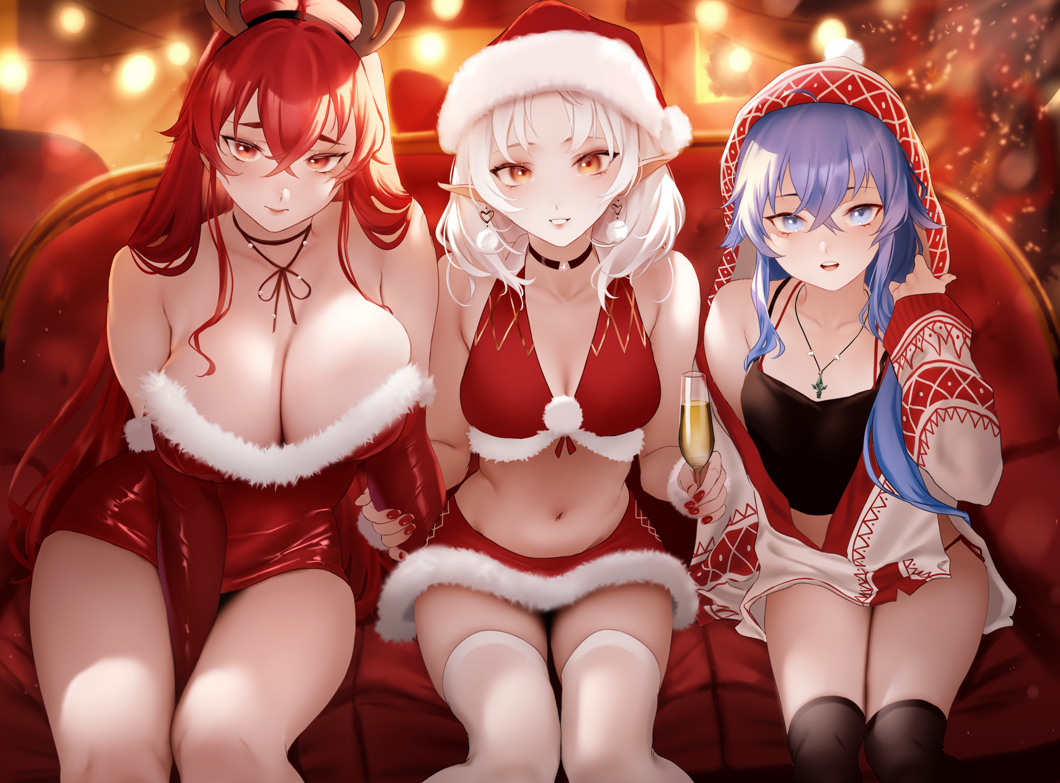 bikini_top christmas cleavage dress elf eris_boreas_greyrat horns mushoku_tensei no_bra pantsu pointy_ears roxy_migurdia string_panties swimsuits sylphiette thighhighs zasshu