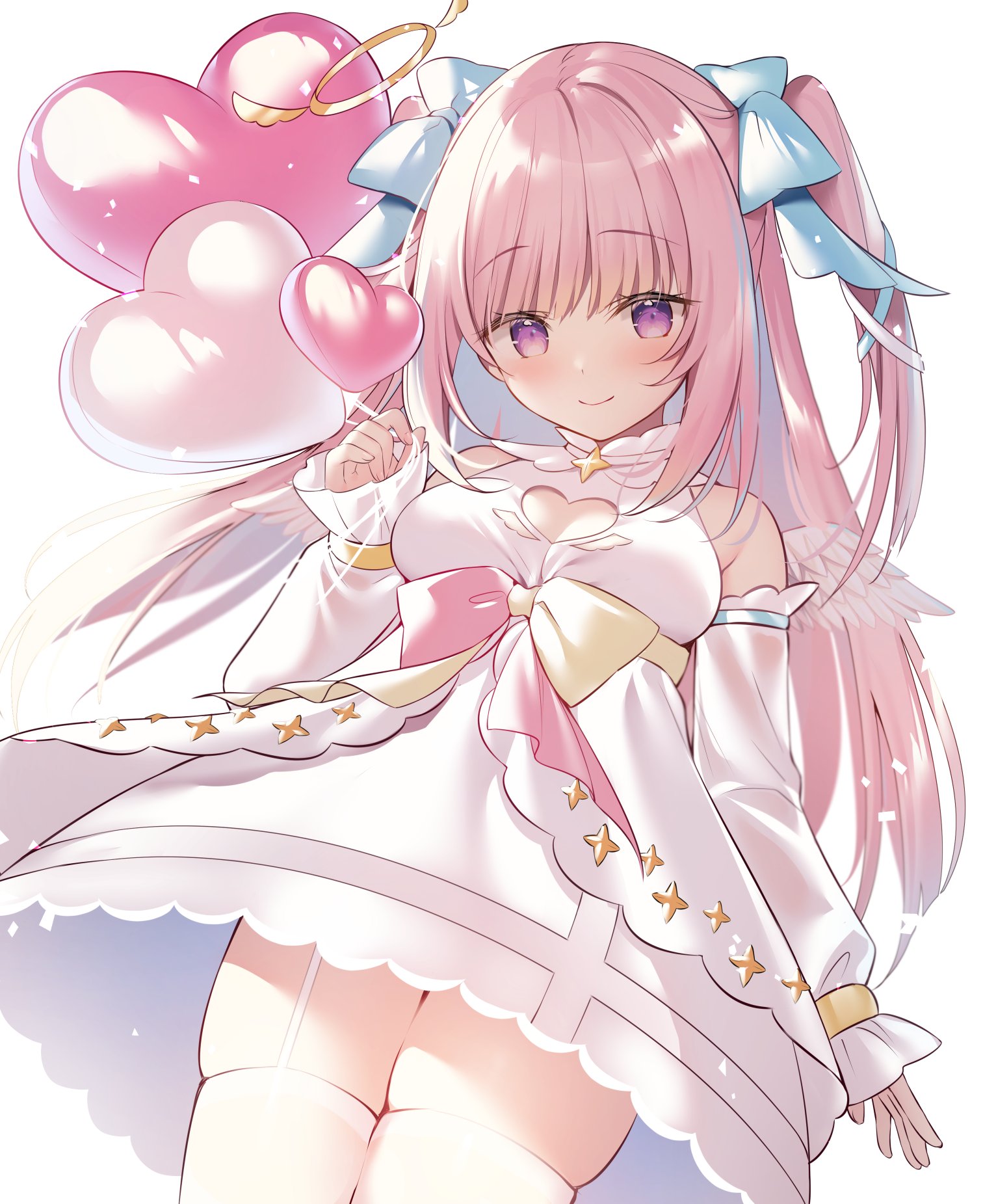 angel cleavage dress mashiro_mayu miko_(royal_milk) no_bra stockings thighhighs wings