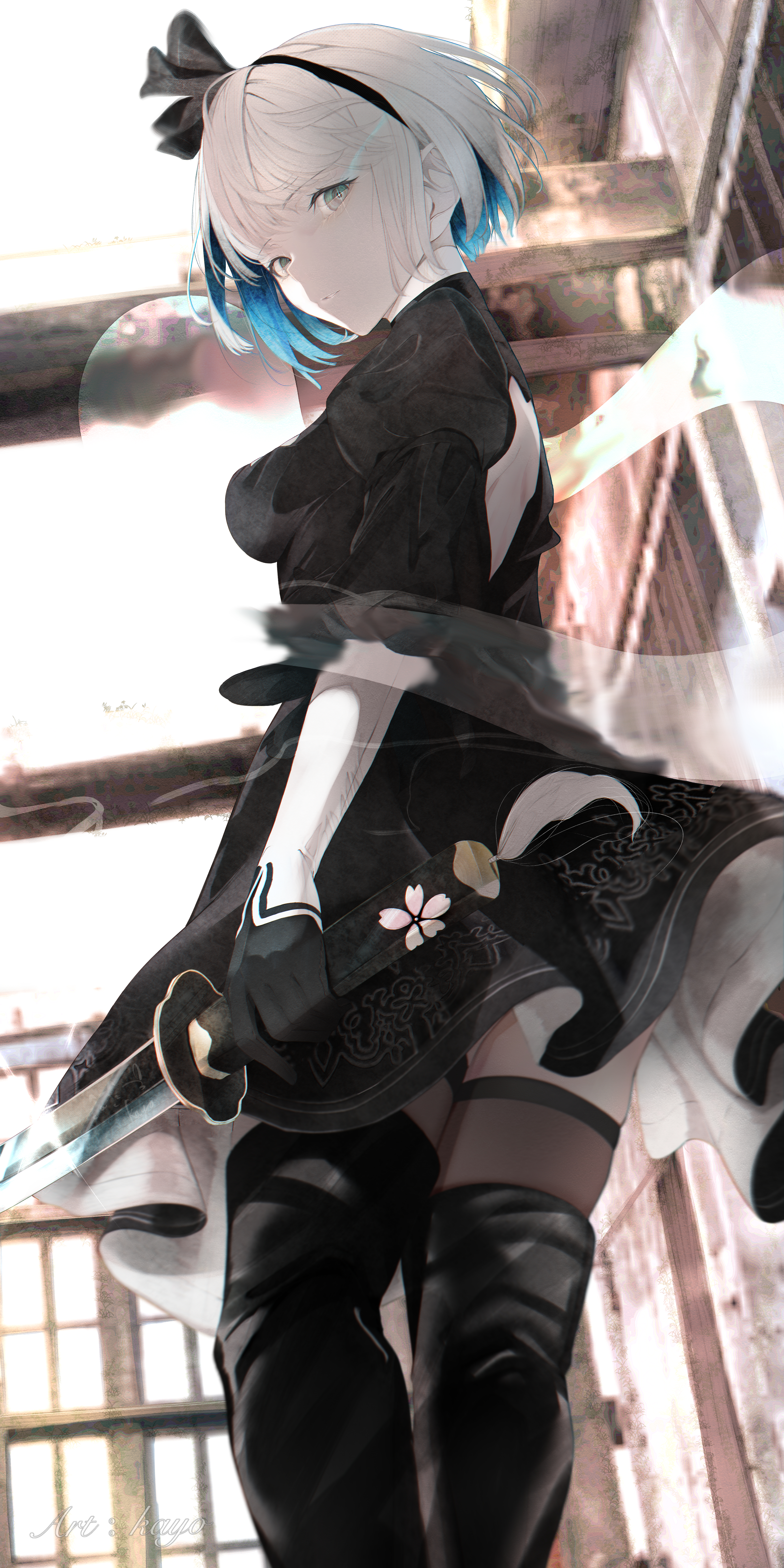 cosplay dress kisaragi_yaya konpaku_youmu myon nier nier_automata no_bra skirt_lift sword thighhighs touhou yorha_no.2_type_b