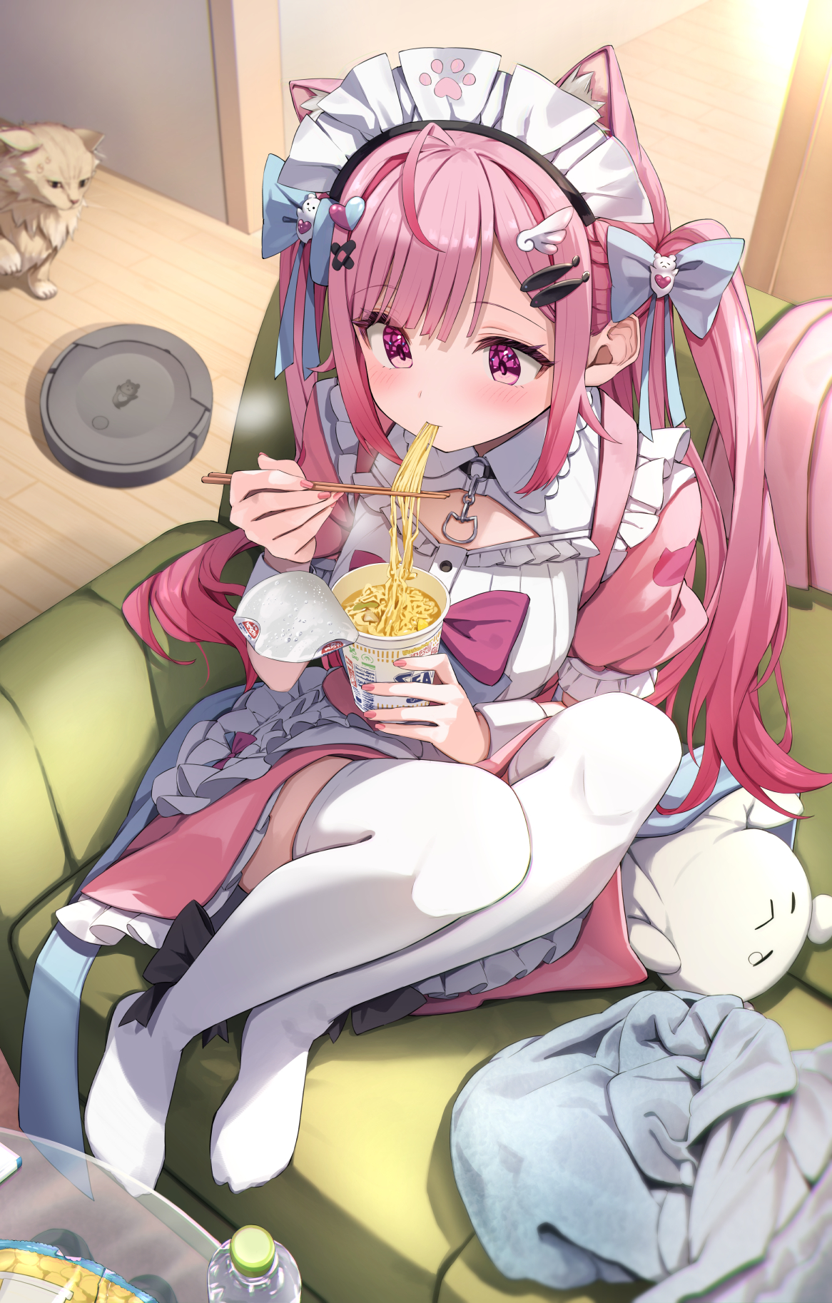 animal_ears indie_virtual_youtuber maid neko nekomimi skirt_lift summer_tail720 thighhighs yuuki_sakuna