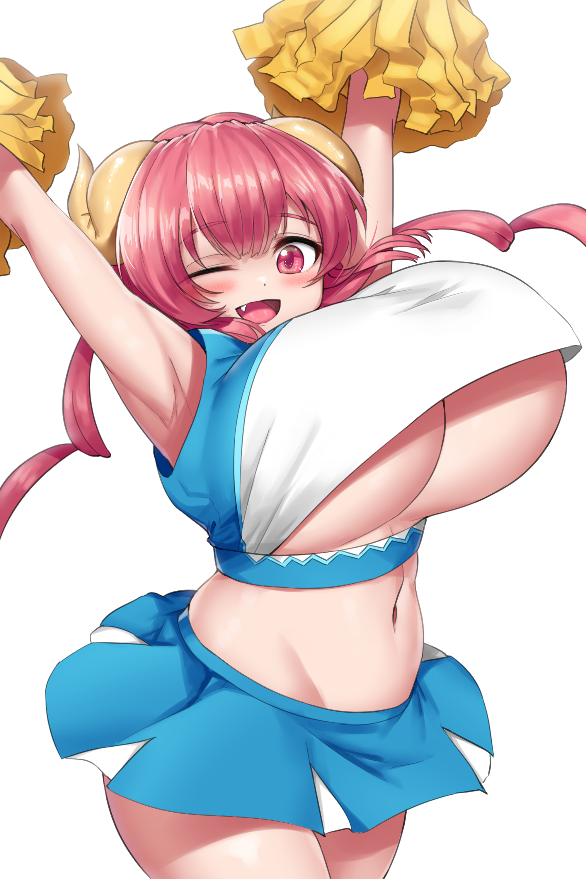 cheerleader cho!cho! horns ilulu kobayashi-san_chi_no_maidragon no_bra shirt_lift skirt_lift underboob