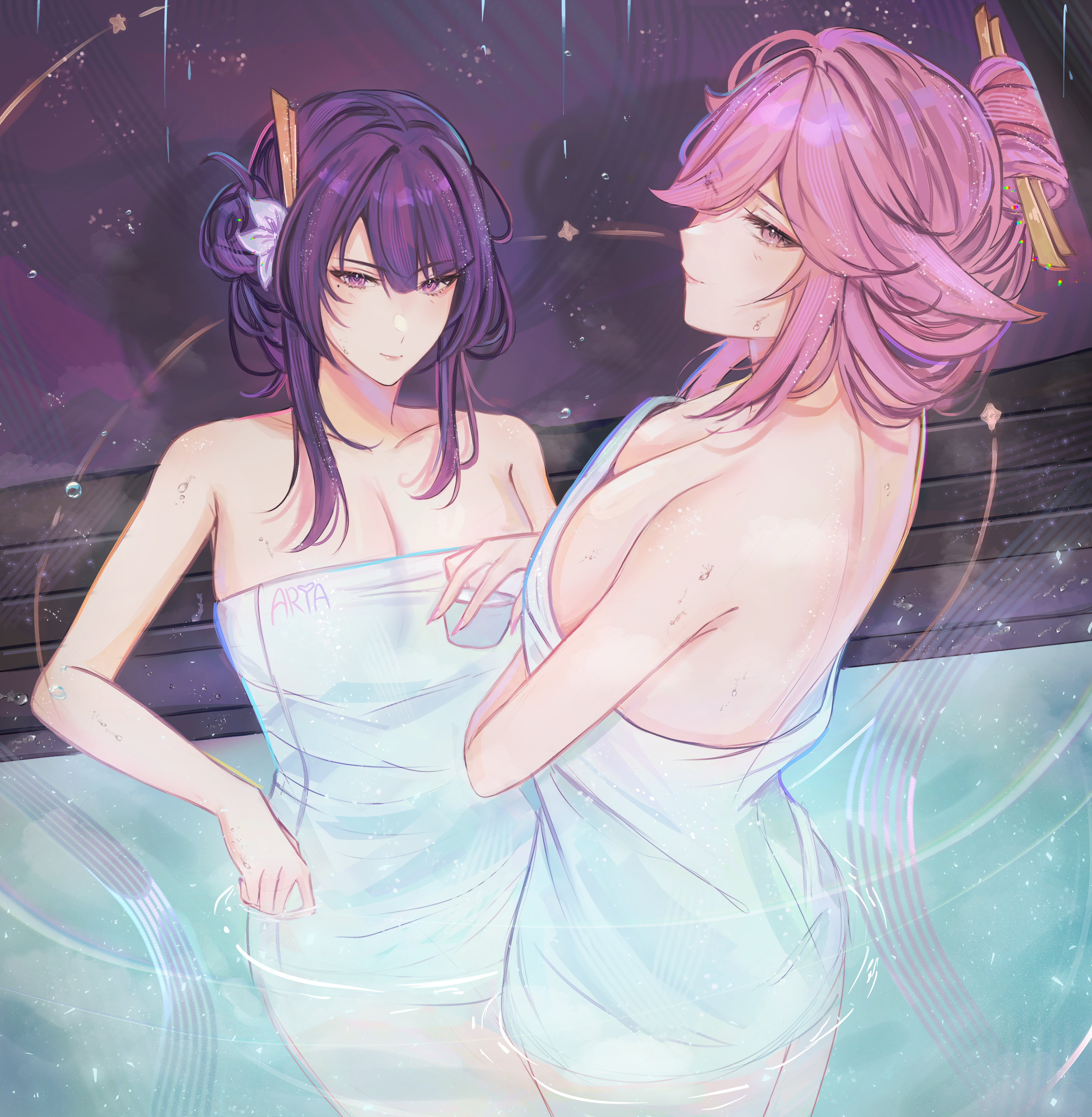 a_r_i_a animal_ears genshin_impact kitsune onsen raiden_shogun towel wet yae_miko