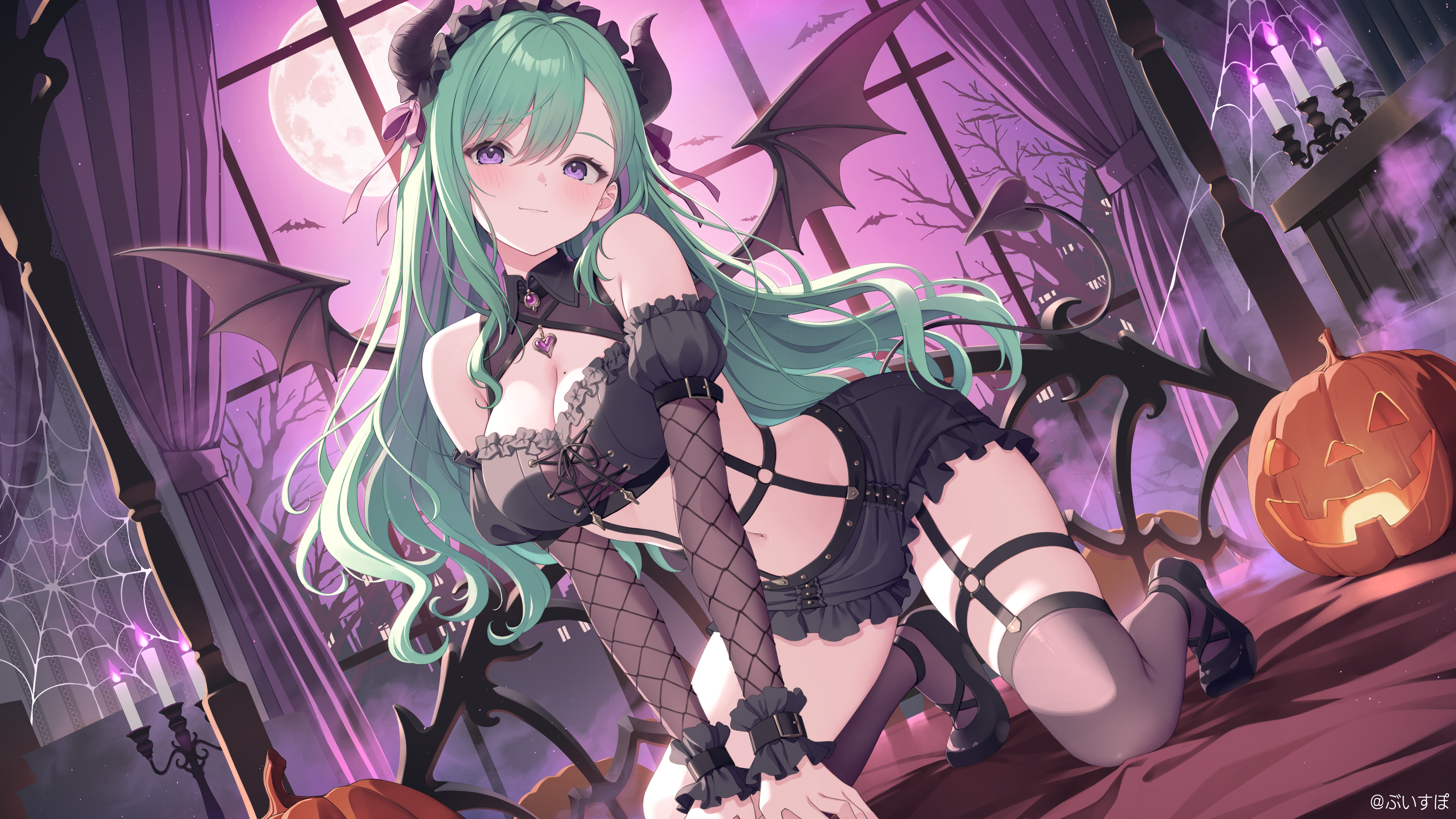 devil fishnets garter halloween horns no_bra see_through stockings tail thighhighs vspo! wallpaper wings yakumo_beni yoshino_ryou