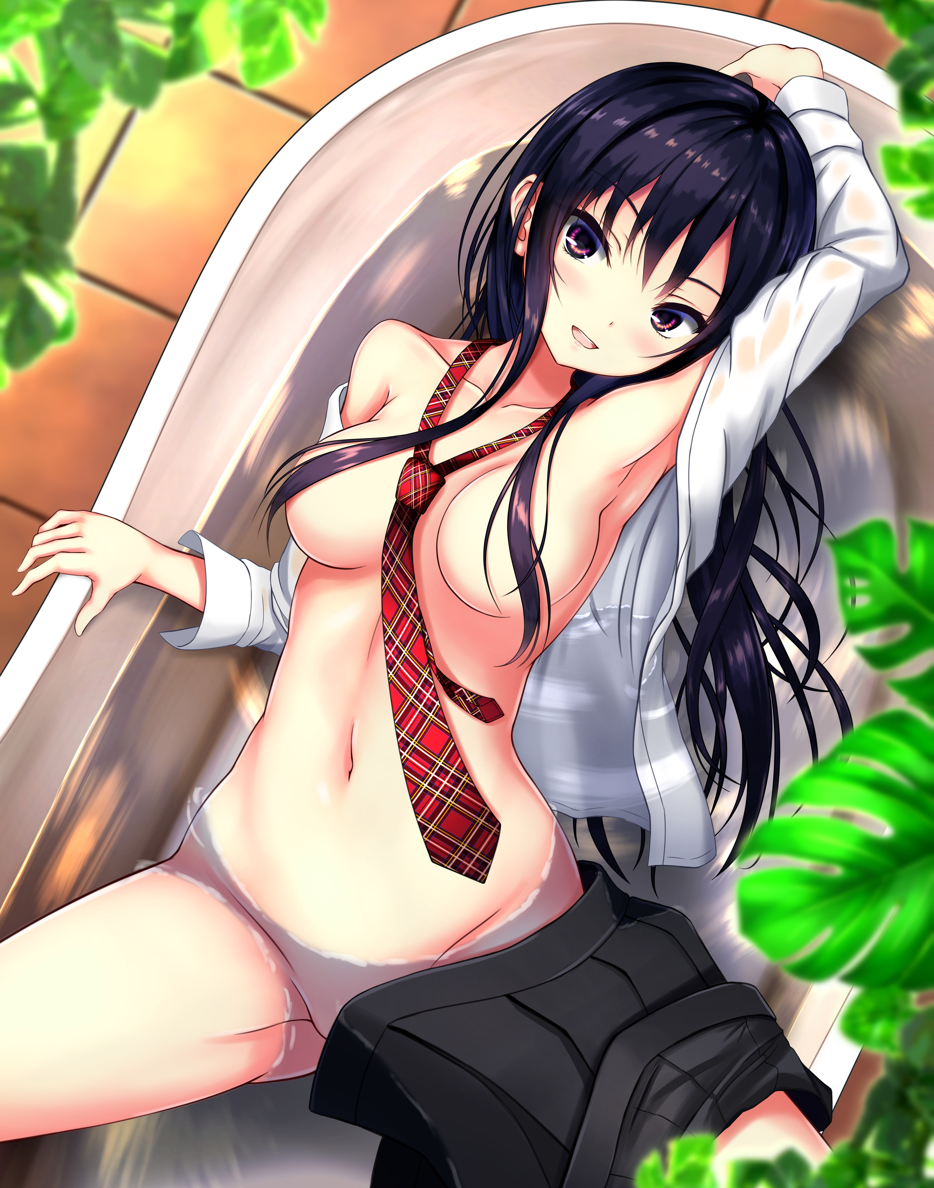 bathing breasts kurokamin no_bra nopan open_shirt see_through seifuku wet wet_clothes