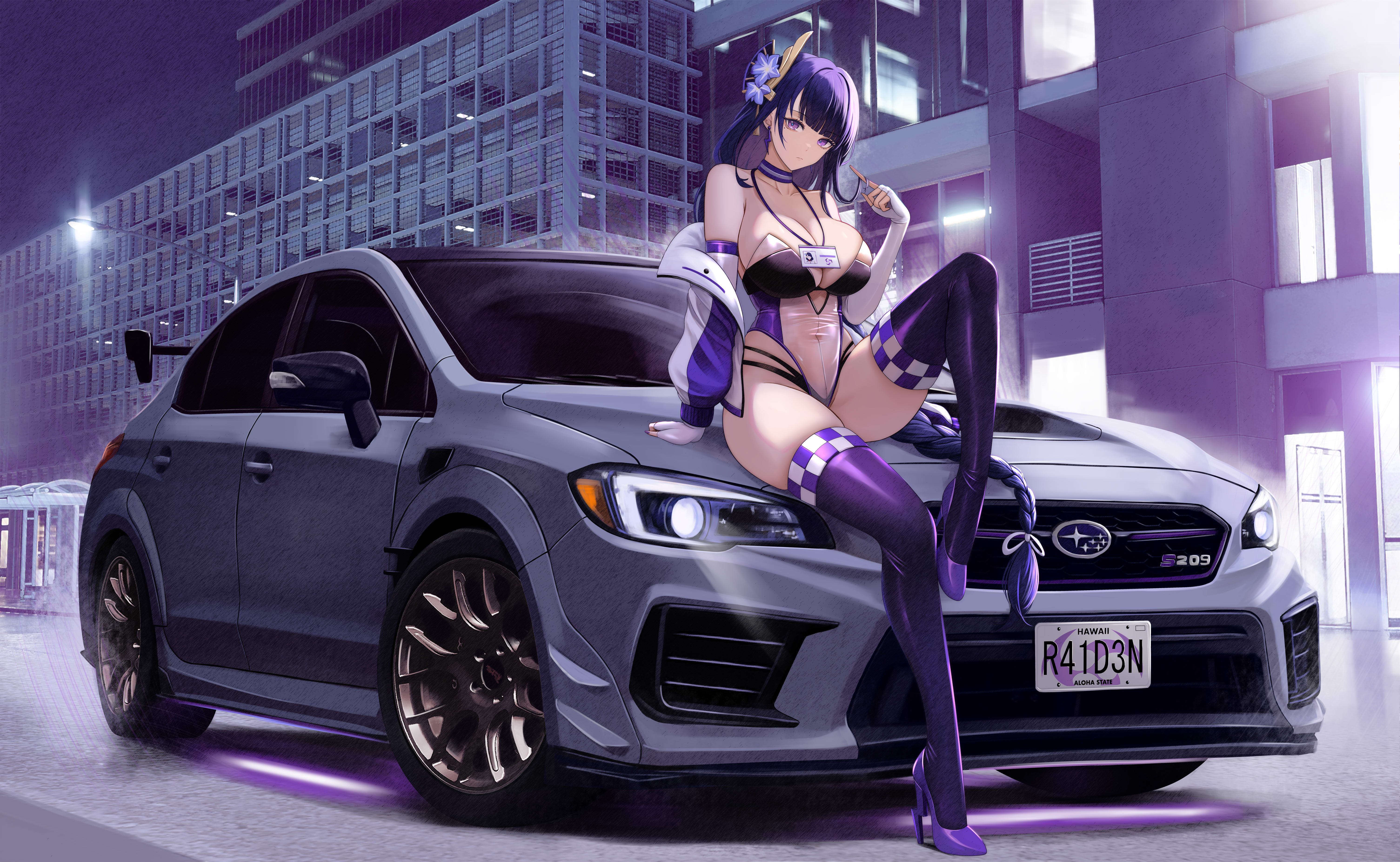 genshin_impact heels kcar66t leotard no_bra raiden_shogun see_through thighhighs