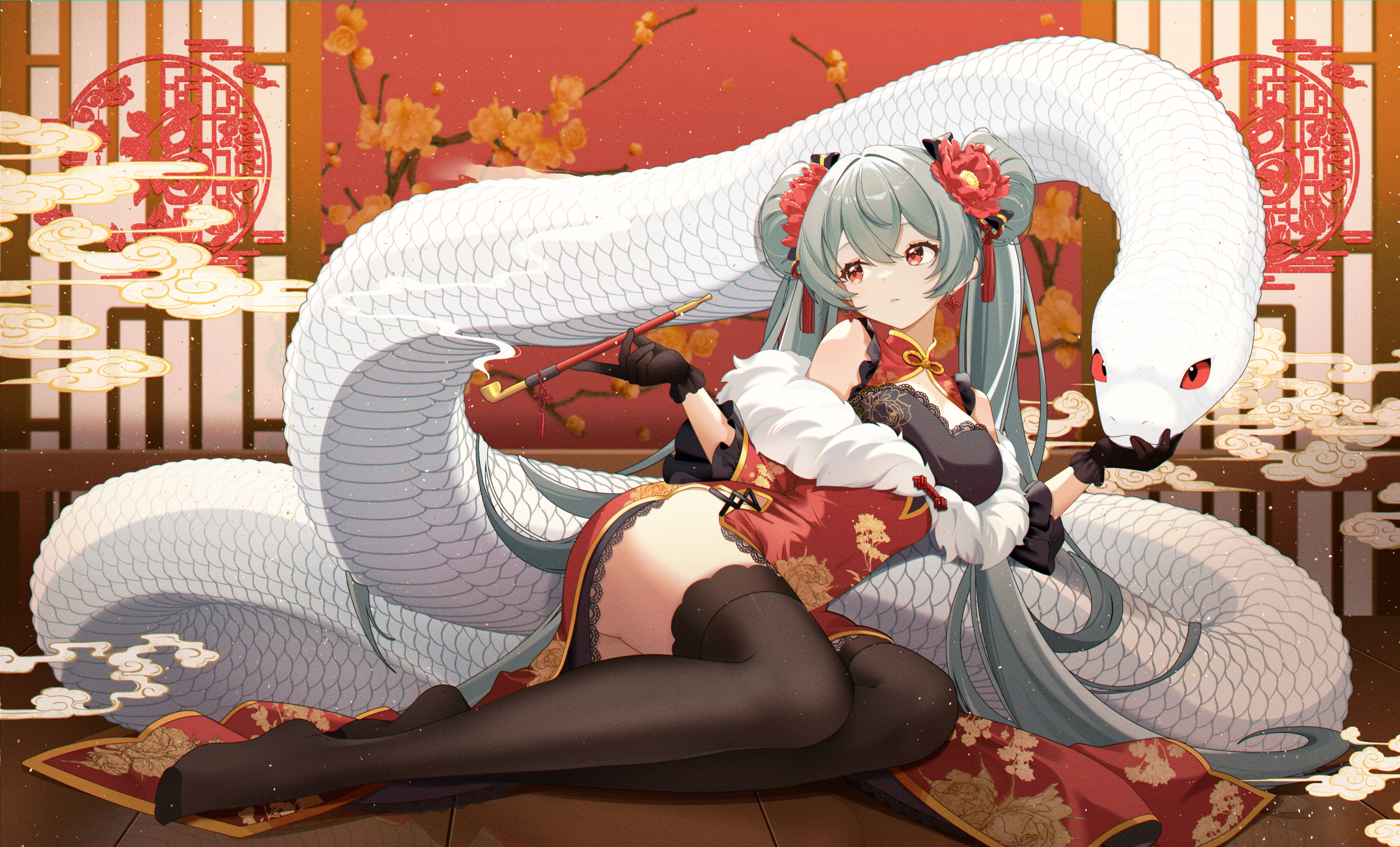 chinadress hatsune_miku monster nopan smoking thighhighs vocaloid yoshitoki_(kisshin)