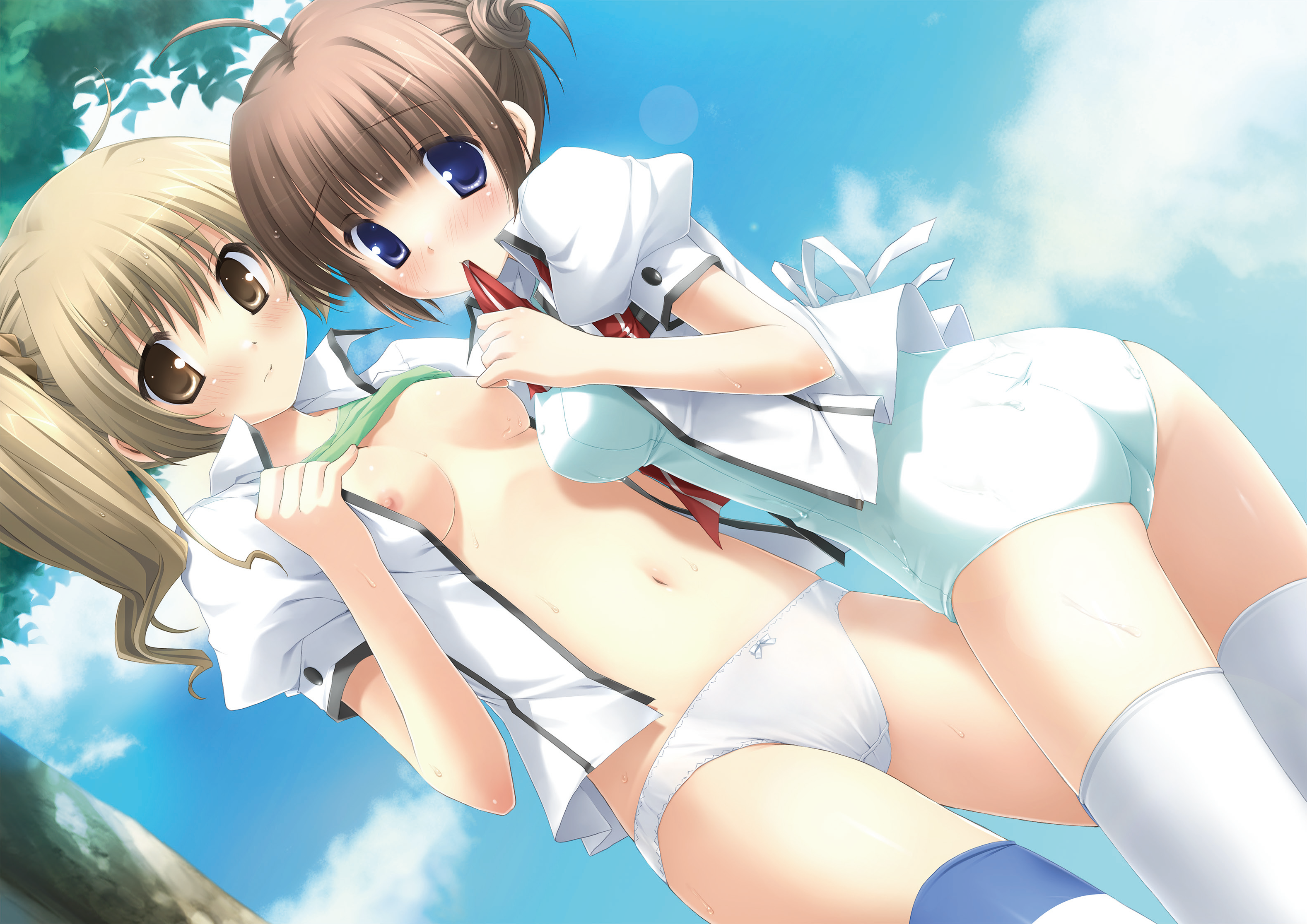 breasts digital_version hulotte ikegami_akane makiya_sumika nipples open_shirt pantsu school_swimsuit seifuku swimsuits tezuka_yumimi thighhighs undressing with_ribbon