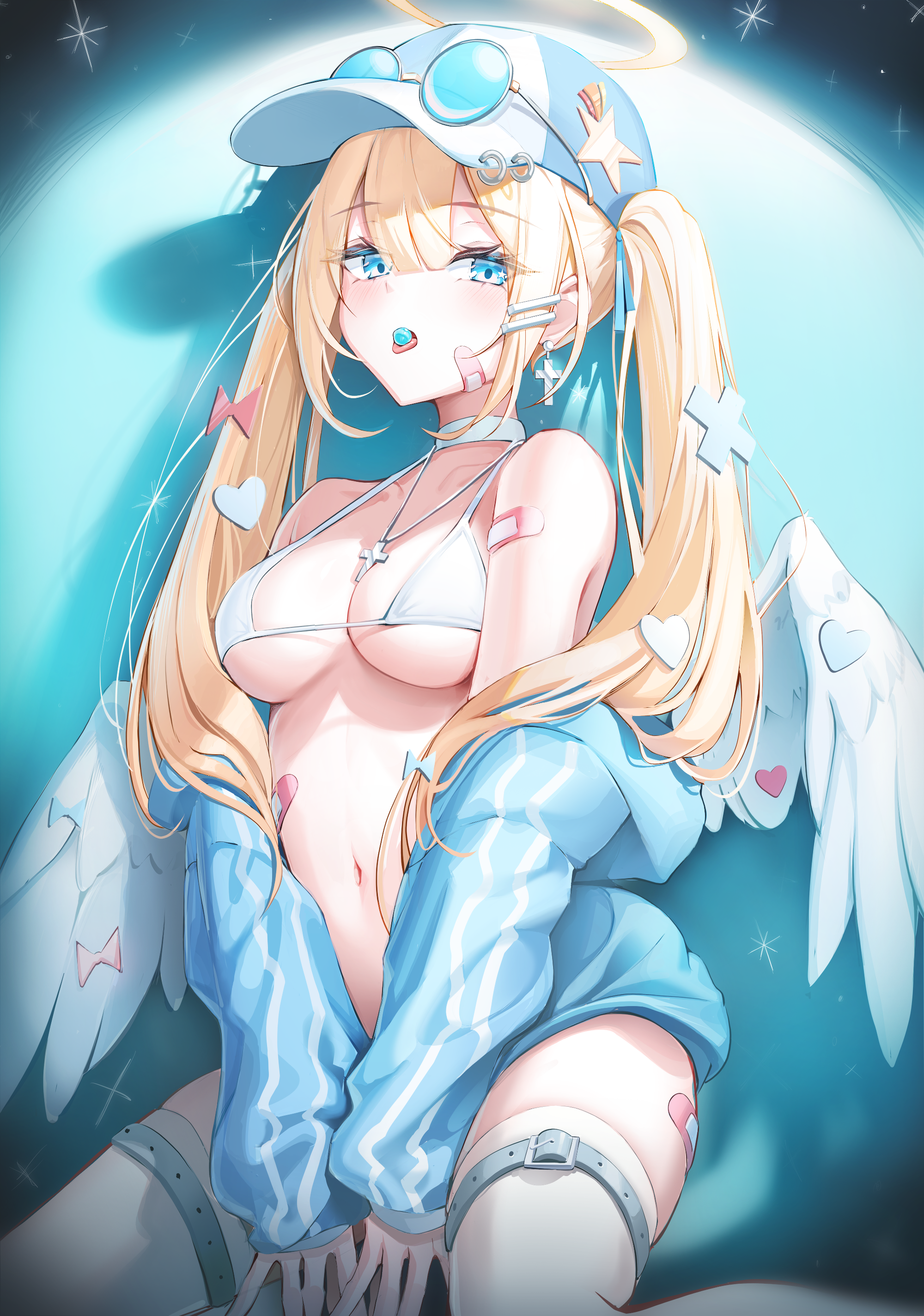 angel bandaid bra garter kira_(kira78718520) lucy_(kira78718520) megane open_shirt thighhighs wings